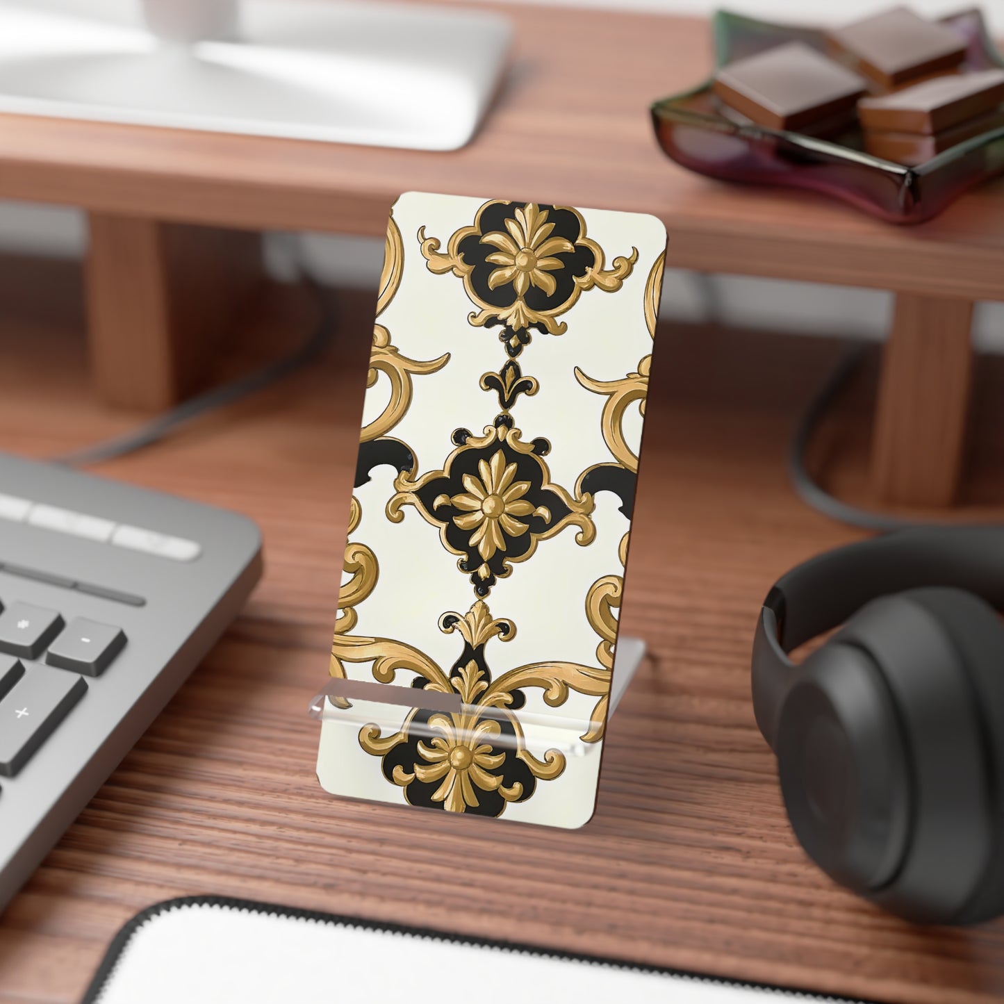 Elegant Smartphone Display Stand, Chic Desk Organizer, Home/Office Decor, Gift for Tech Lovers, Stylish Phone Holder - Black & Gold Rococo