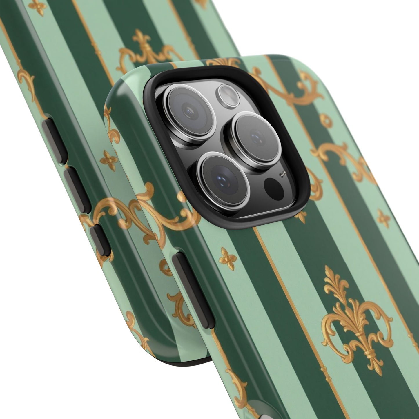 Elegant Floral Tough Phone Cases | Stylish Phone Protection, Gift for Her, Trendy Accessory, Unique Decor - Mint Green & Teal Striped Gold Baroque