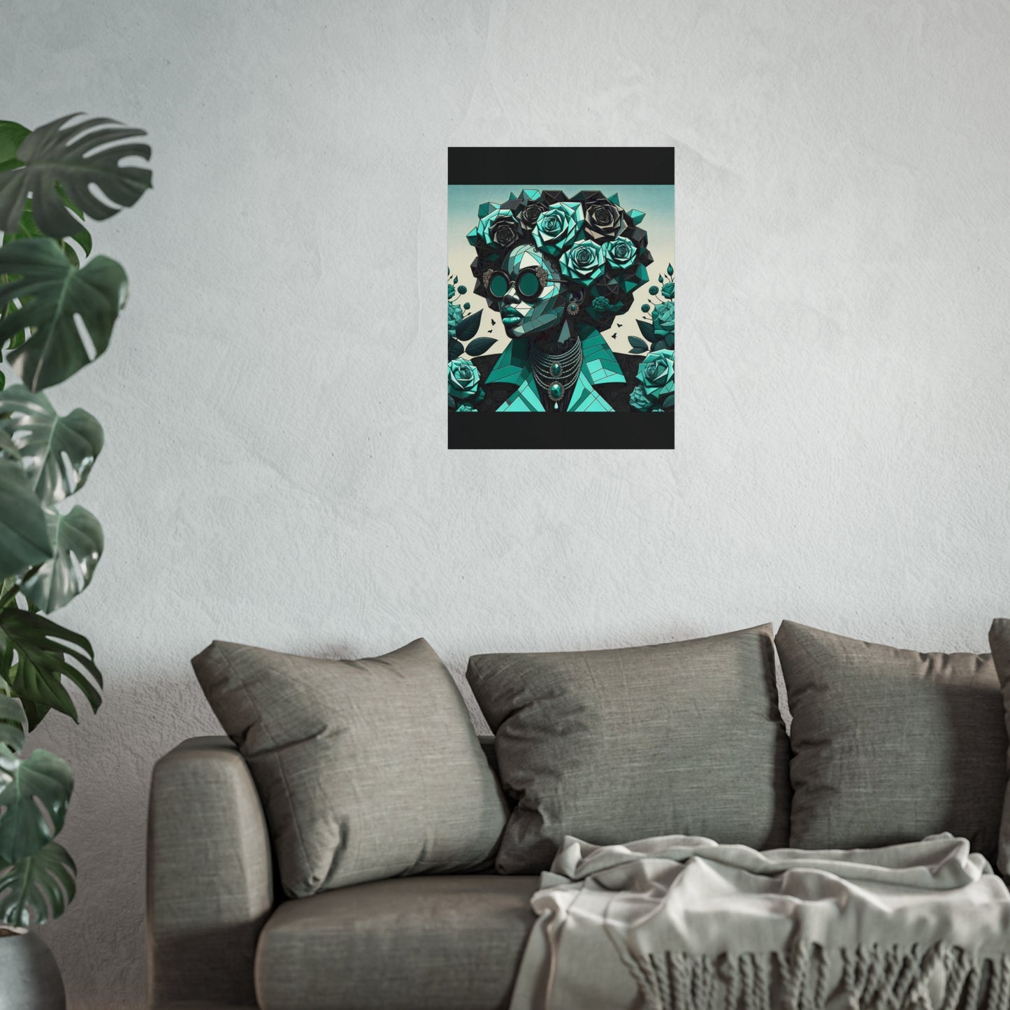 Chic Floral Fine Art Poster | Modern Wall Decor, Home Aesthetic, Gift for Art Lovers, Unique Room Makeover - Turquoise & Black Roses Lady