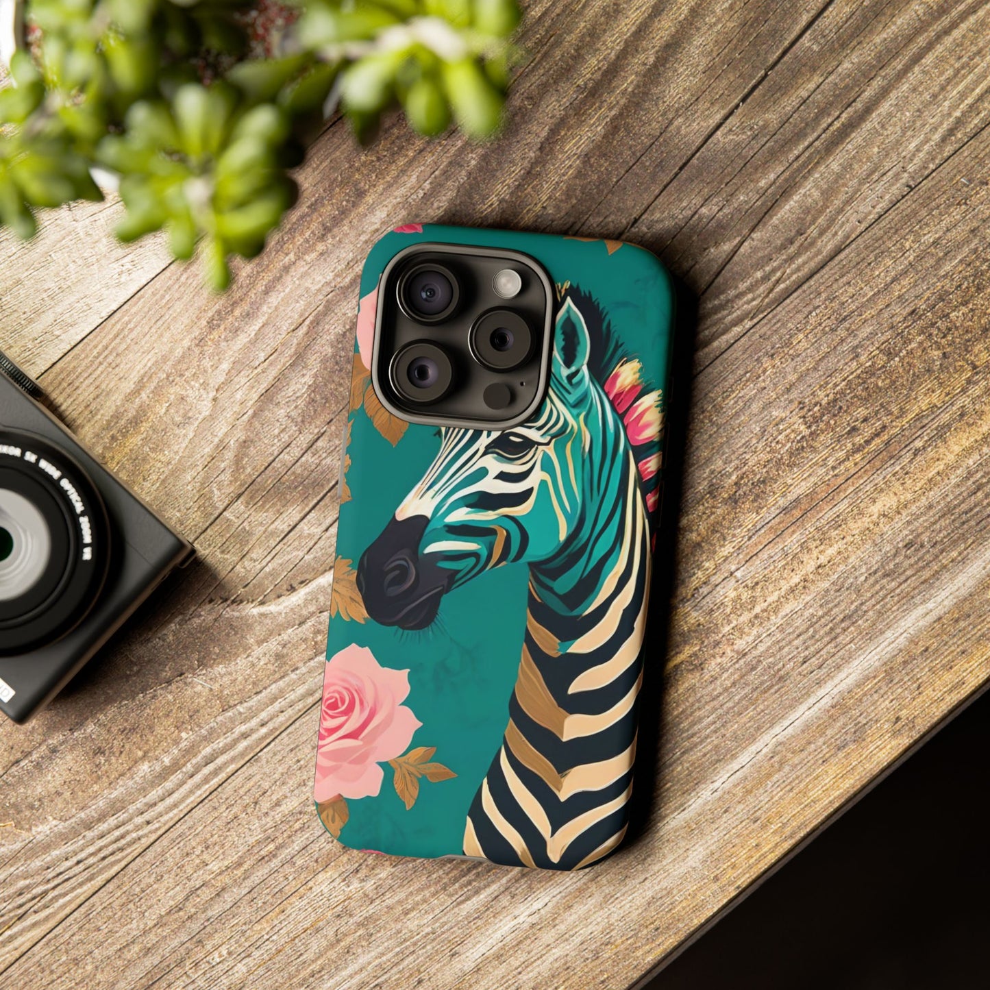 Phone Case - Elegant Teal & Gold Zebra & Roses Design
