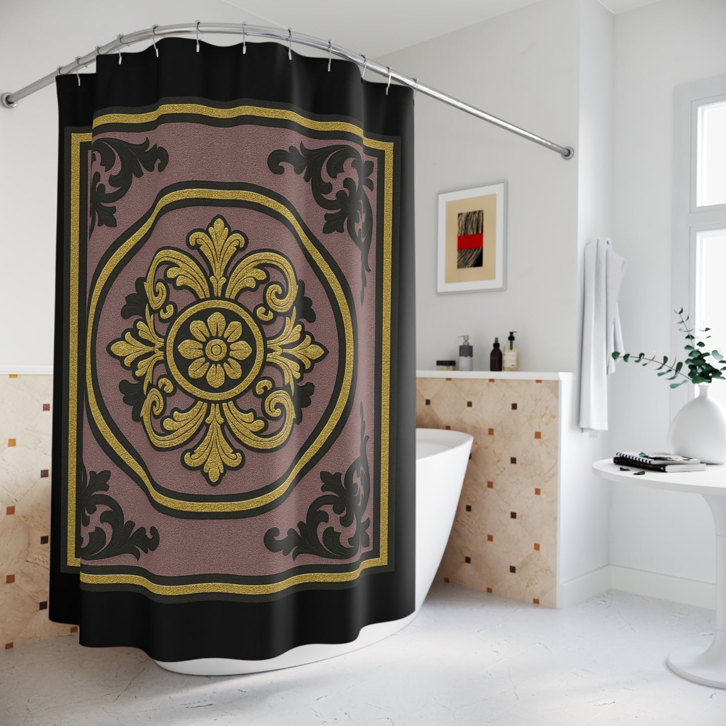 Elegant Gilded Mauve With Gold-Black Baroque Shower Curtain, Baroque Design, Luxurious Home Accessory, Gift for Housewarming