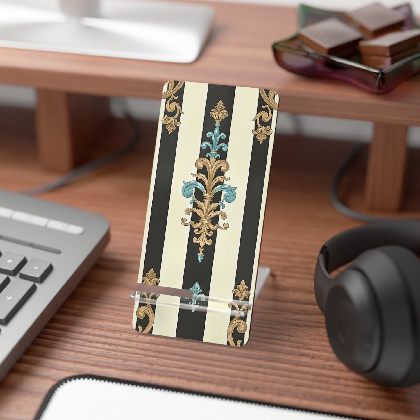 Elegant Smartphone Stand, Artistic Phone Holder, Stylish Desk Accessory, Modern Decor - Black Striped Turquoise & Black Rococo