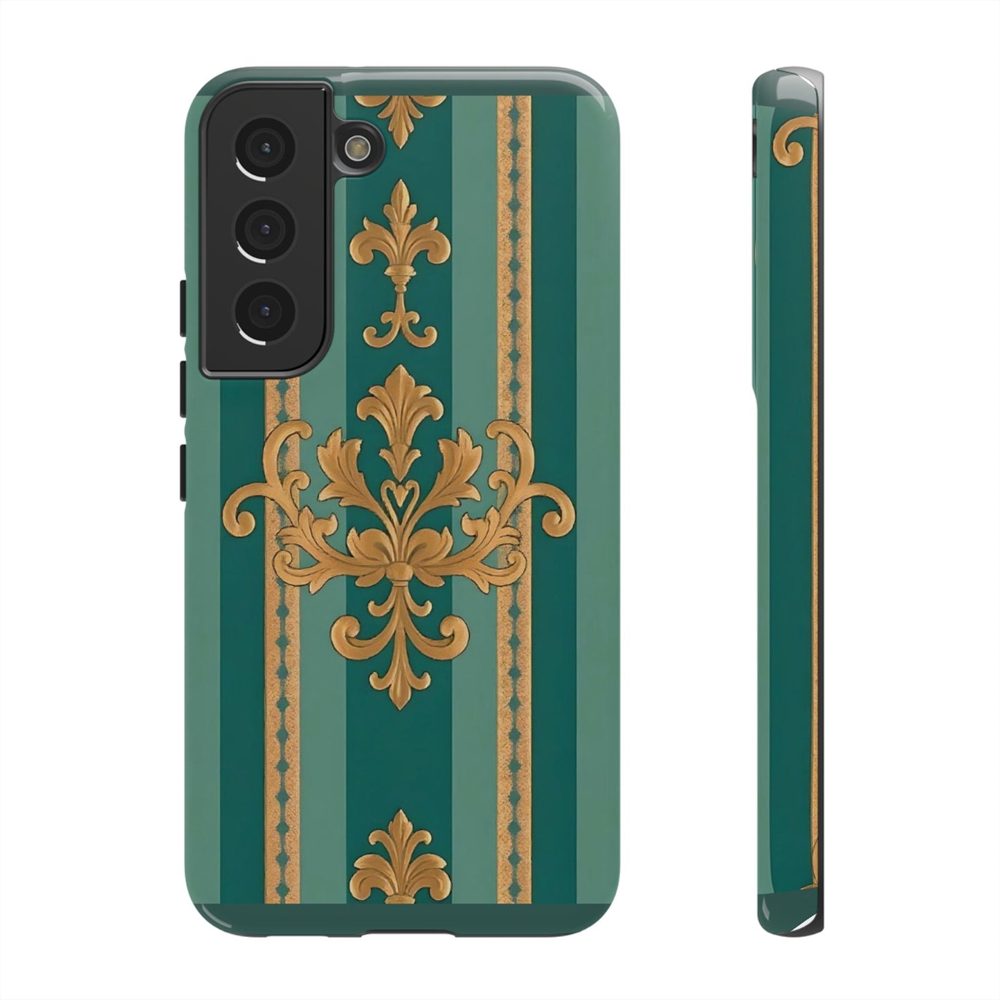 Elegant Floral Motif Phone Case - Tough Cases with Vintage Design - Teal Striped Gold Damask