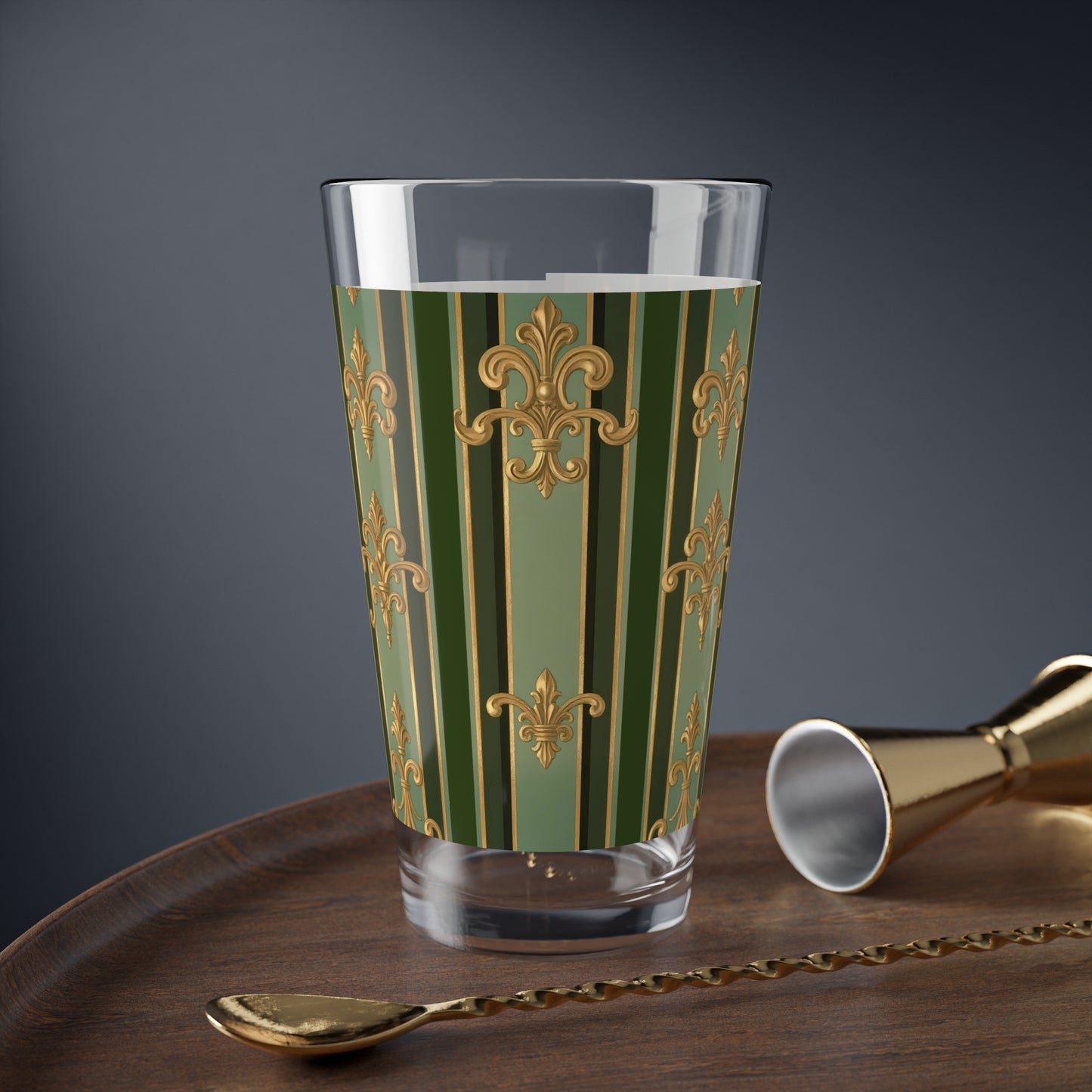 Elegant Mixing Glass, 16oz - Vintage Home Barware, Cocktail Glass, Great for Parties, Unique Gift - Green Striped Gold Baroque