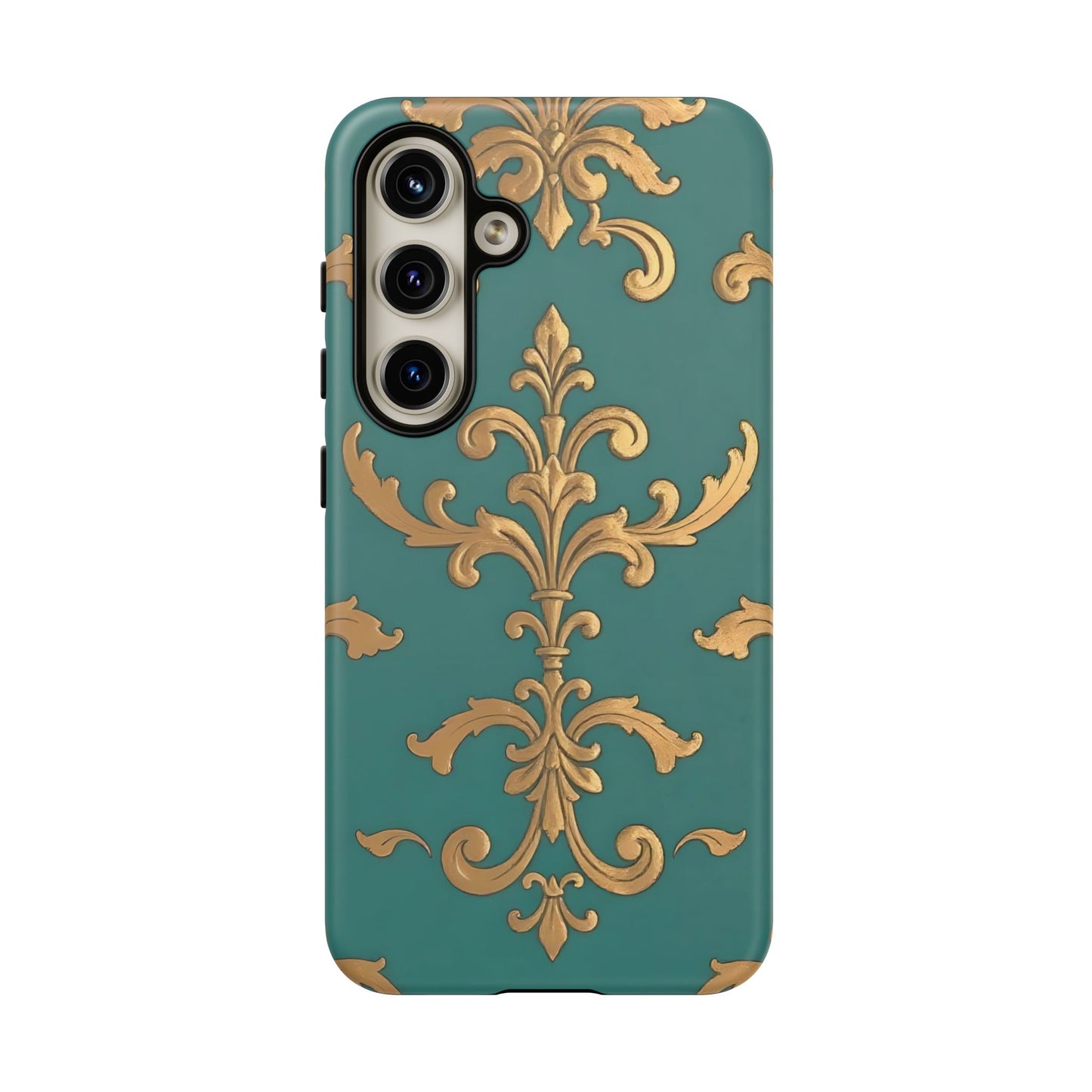 Elegant Floral Motif Phone Case - Tough Cases with Vintage Design - Aqua & Gold Damask
