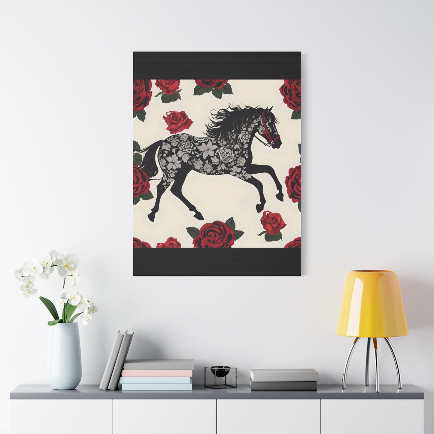 Art Print Canvas, Wall Decor, Satin Stretched Canvas, Equestrian Art, Office Decor, Home Decor - Horse & Roses