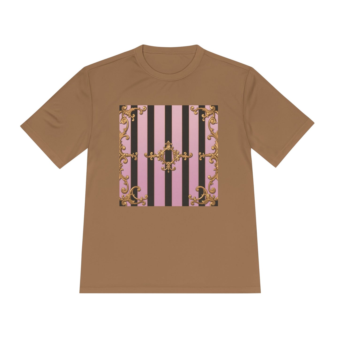 Elegant Striped Unisex Moisture Wicking Tee, Stylish Workout T-Shirt, Fashionable Athletic Top - Matte Lavender & Black Striped Gold Baroque