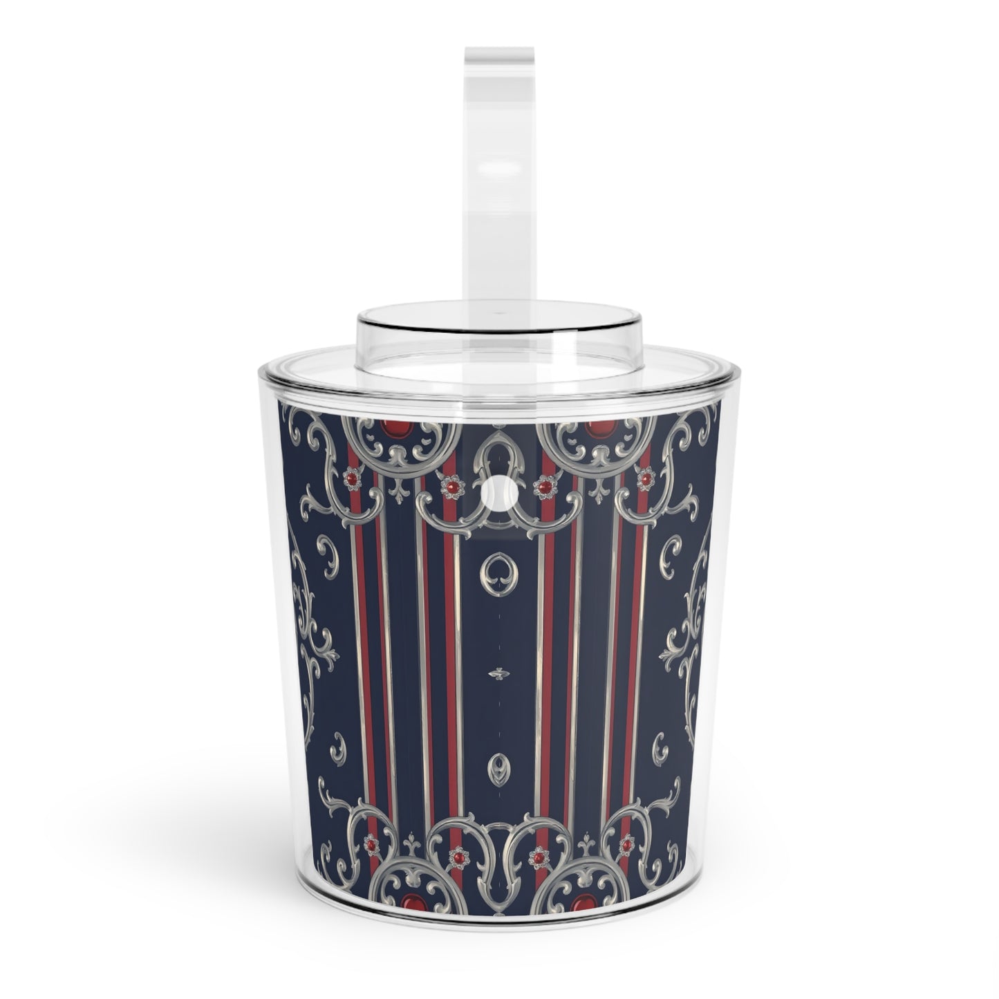 Elegant Ice Bucket with Tongs - Perfect for Parties, Weddings, or Home Bars, Decorative Drink Chiller - Blue & Red Striped Silver Baroque