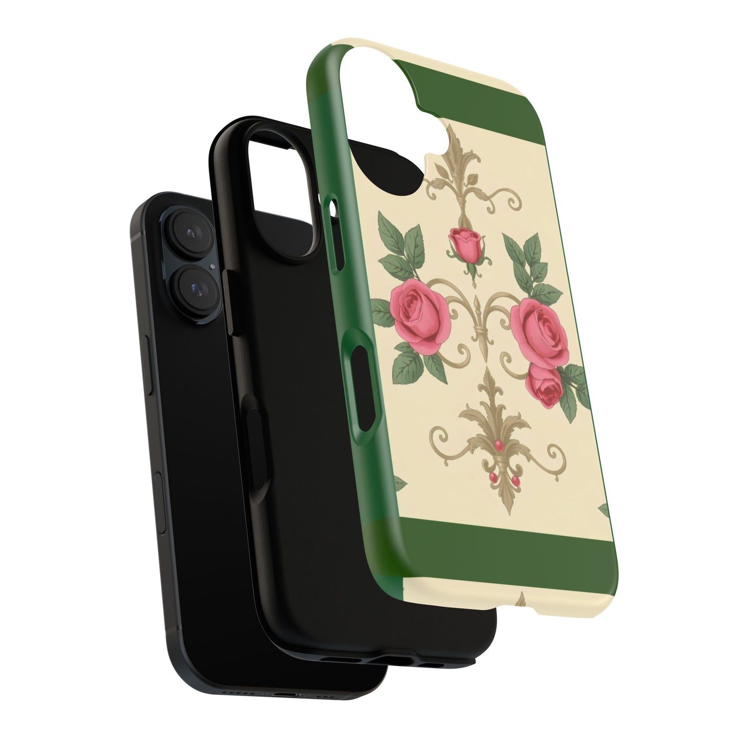 Elegant Floral Motif Phone Case - Tough Cases with Vintage Design - Green Border Roses & Damask