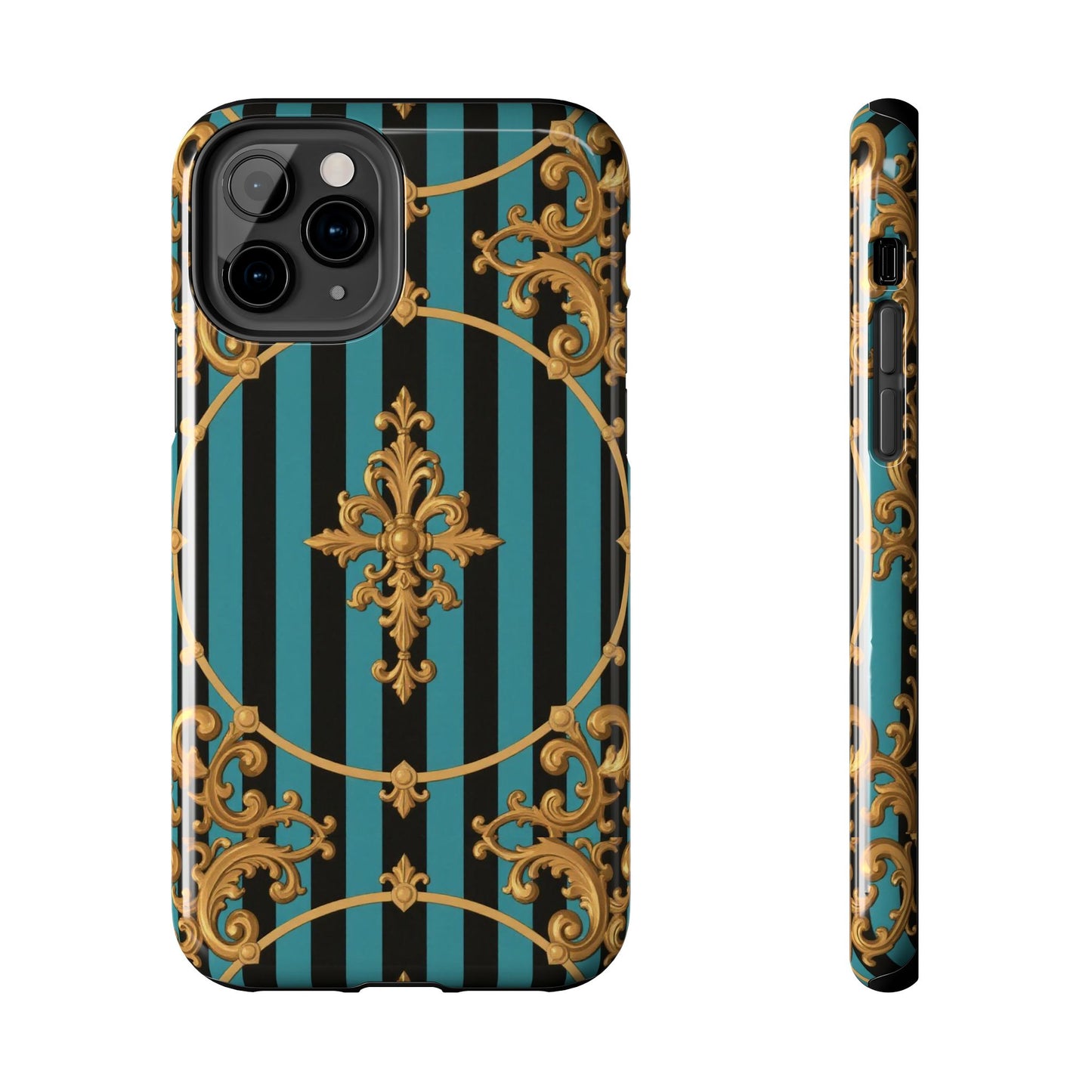 Elegant Turquoise & Black Striped Gold Baroque Phone Case, Tough Phone Cases for Fashion Lovers, Gift for Her, Luxury Accessories