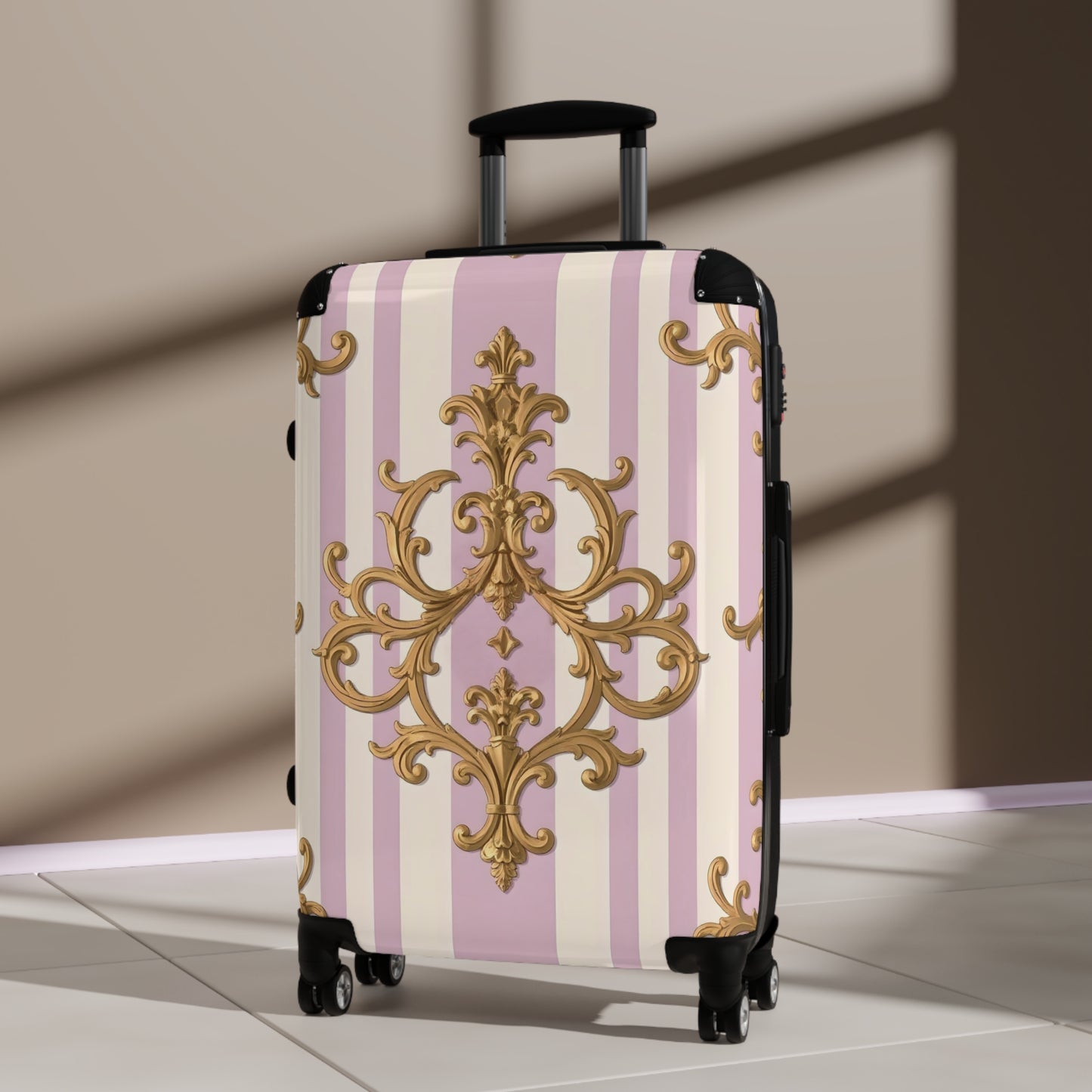 Elegant Ornate Suitcase for Travel, Stylish Luggage for Vacations, Personalized Travel Bag, Gift for Travelers - Lilac & Alabaster Striped Gold Baroque