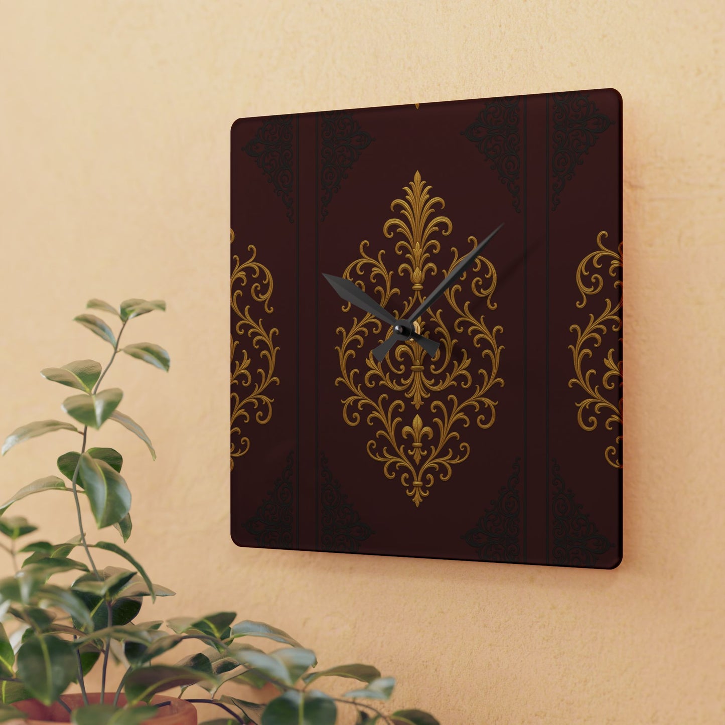 Dusk Burgundy-Black & Gold Baroque Acrylic Wall Clock - Elegant Burgundy & Gold Home Decor