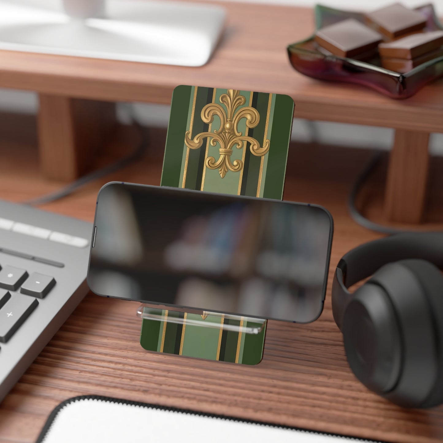 Elegant Smartphone Display Stand, Decorative Phone Holder, Desk Organizer, Gift for Home Office - Green Striped Gold Baroque