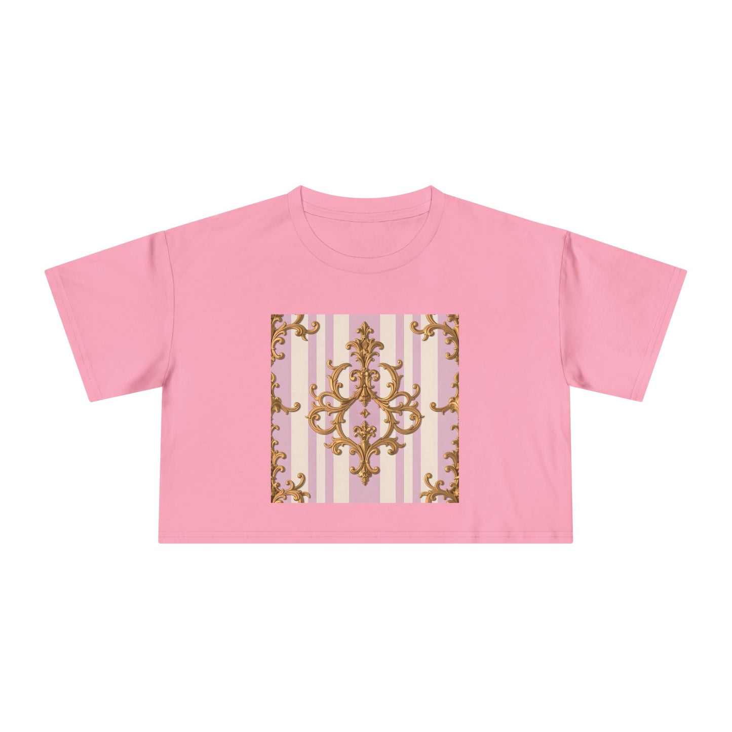 Chic Women's Crop Tee with Elegant Pink and Gold Design, Fashion Tee, Summer Style, Gift for Her - Lilac & Alabaster Striped Gold Baroque