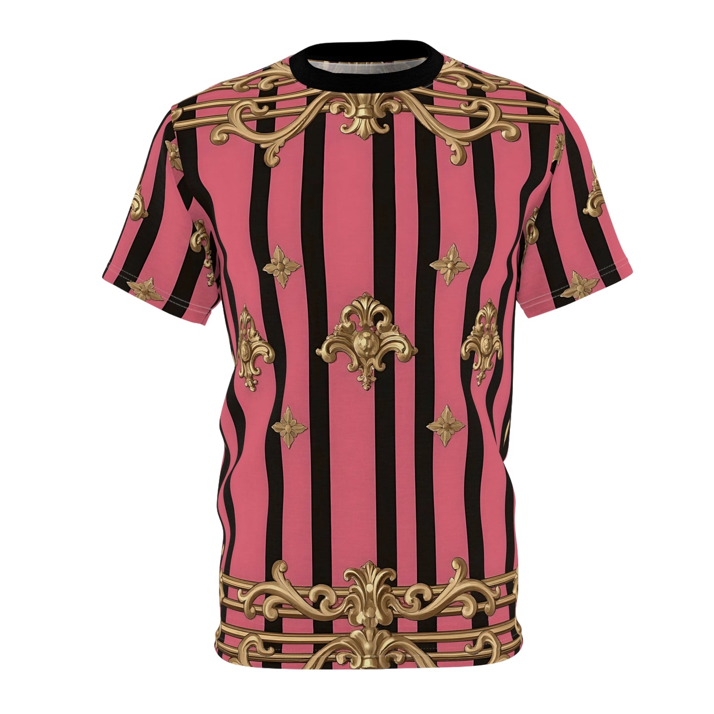 Luxurious Baroque Pattern Unisex Tee, Fashion Tee, Graphic T-shirt, Gift for Her, Statement Tee, Casual Wear - Pink Striped Gold Rococo