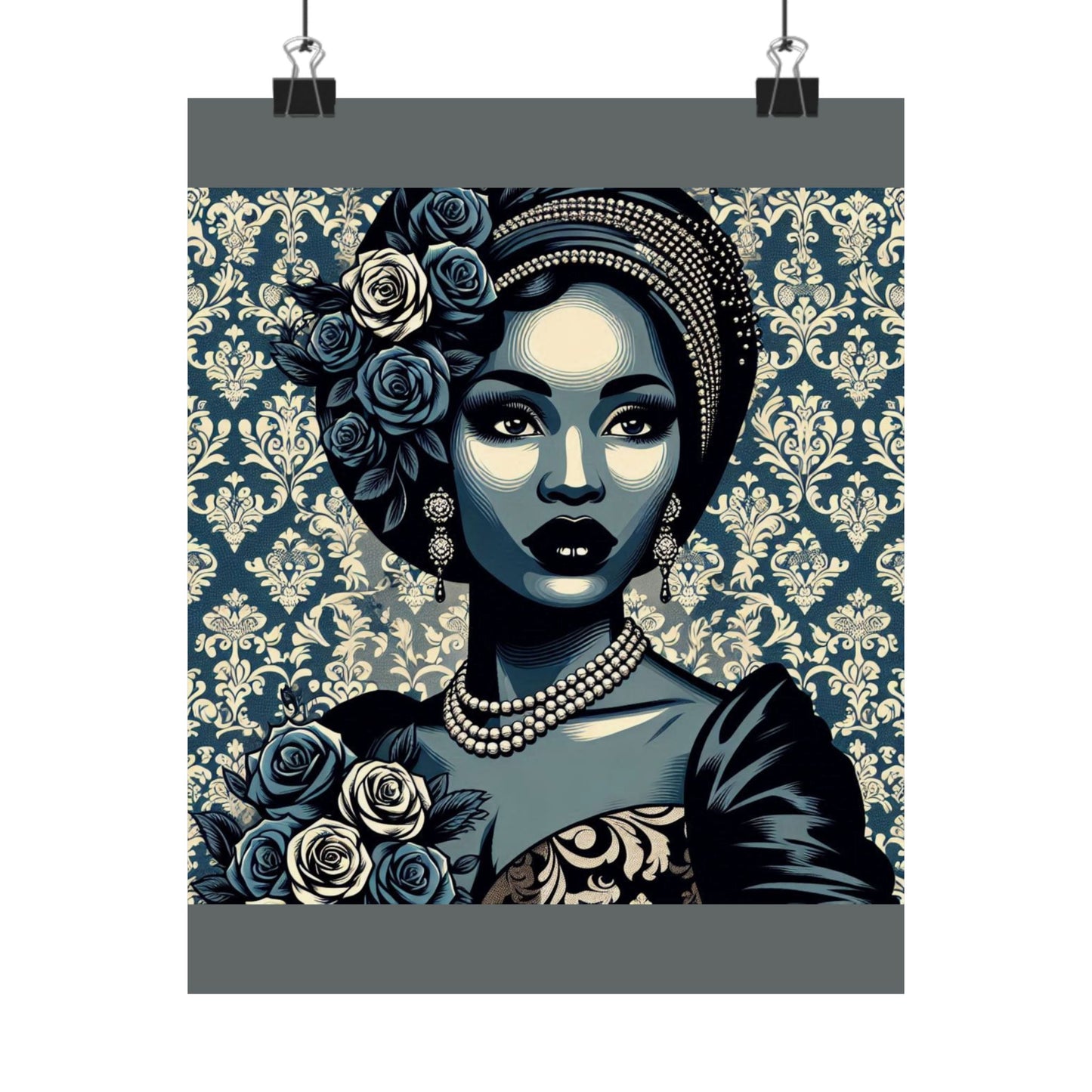 Floral Afro Art Poster - Elegant Matte Vertical Wall Decor - Slate Blue Lady & Damask