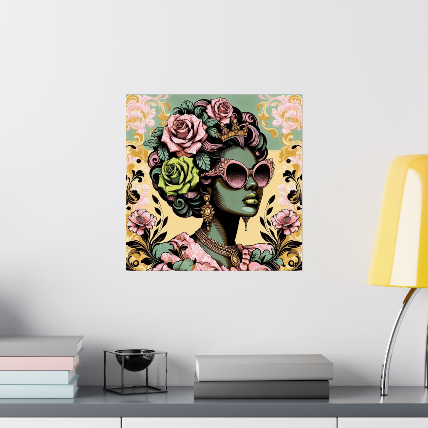 Floral Afro Art Poster - Elegant Matte Vertical Wall Decor - Mint Green Lady With Damask & Roses