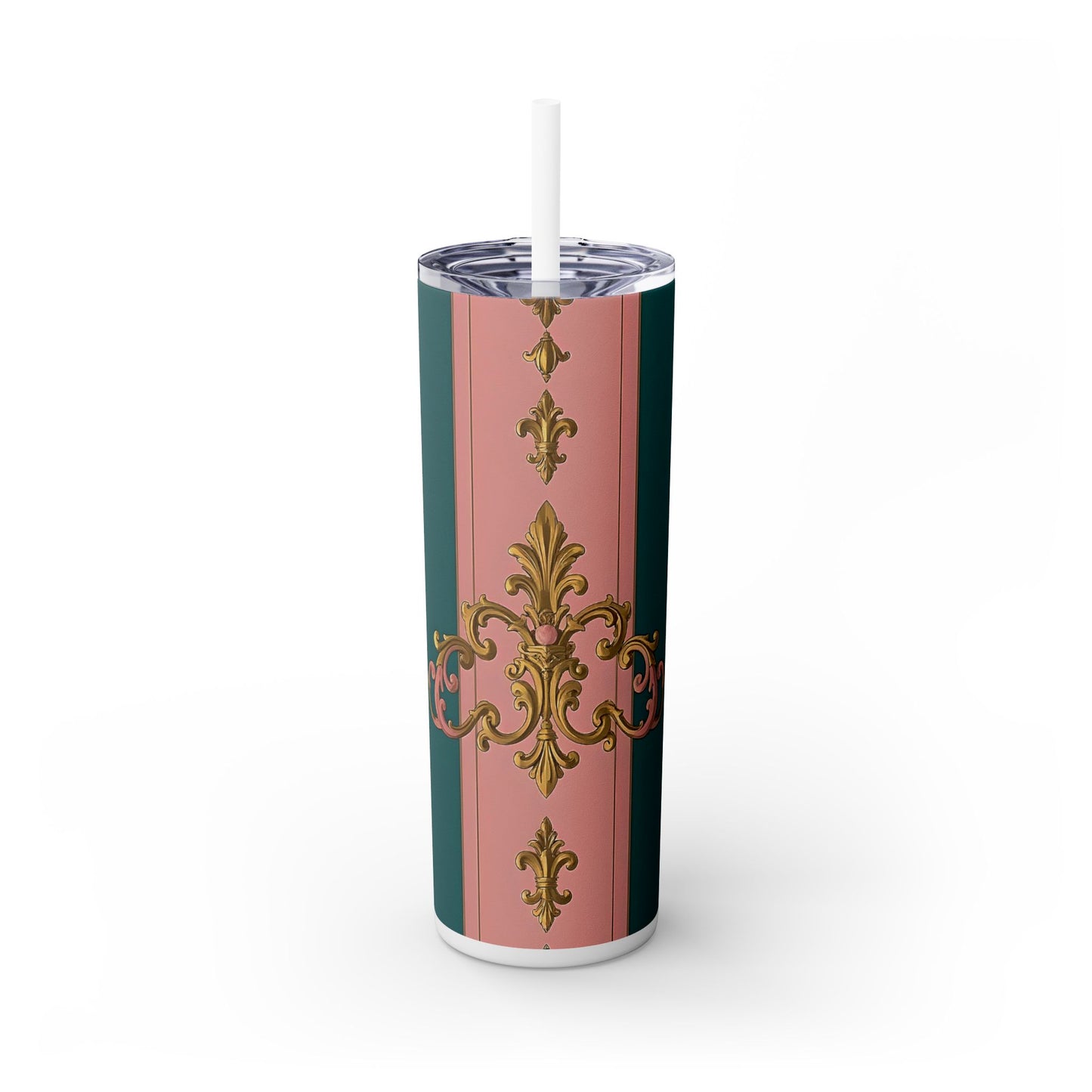 Elegant Pink and Green Skinny Tumbler with Straw, 20oz - Ideal for Gifts, Travel, Home, Events - Pink & Teal Striped Gold Baroque