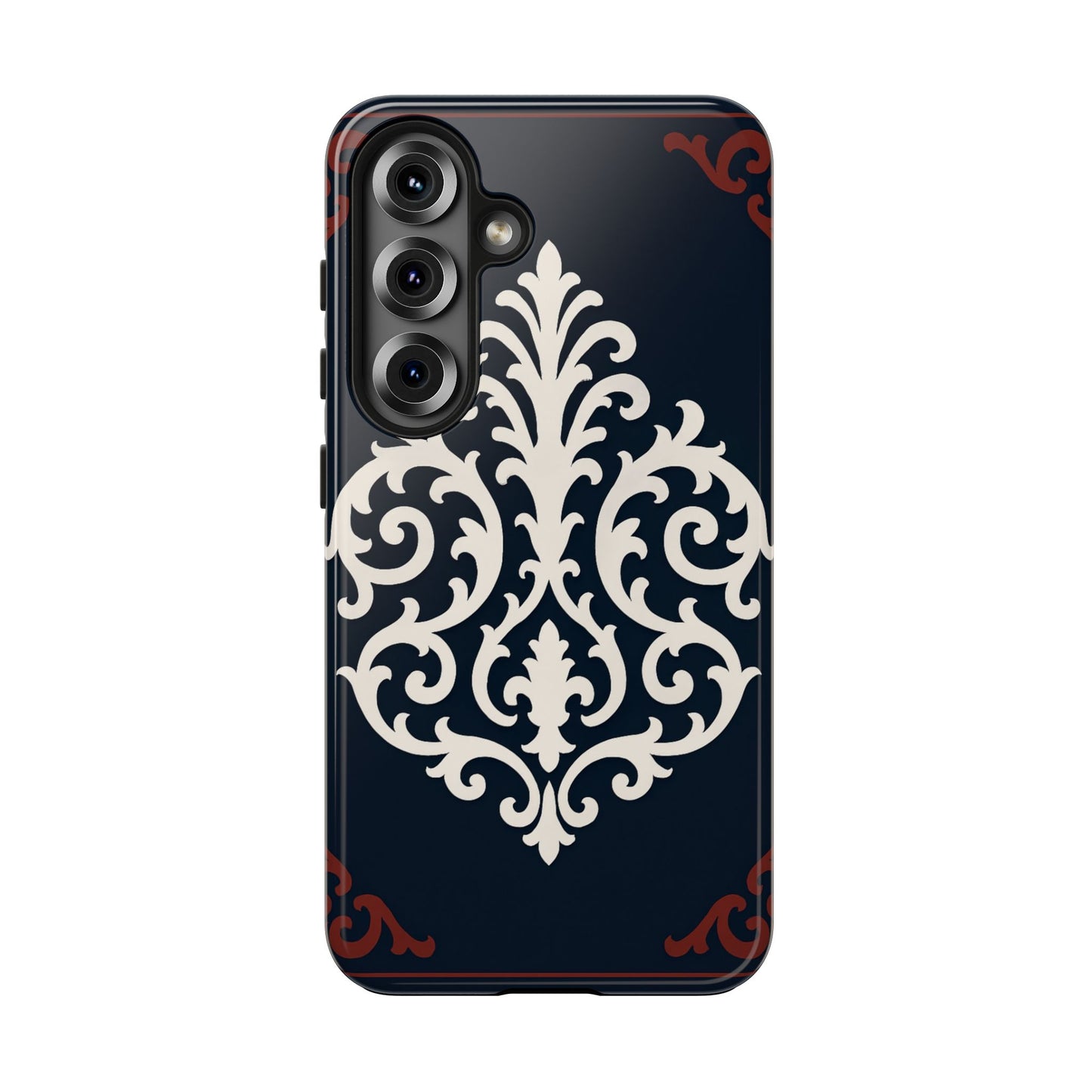 Dusk Blue-Maroon & White Baroque Tough Phone Case — Vintage Scroll Design