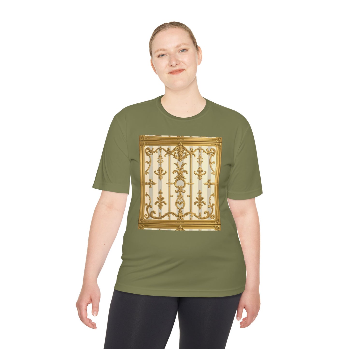 Elegant Gold Unisex Moisture Wicking Tee, Fashion Tee, Workout Shirt, Summer Style - Matte Gray & Cream Striped Gold Baroque