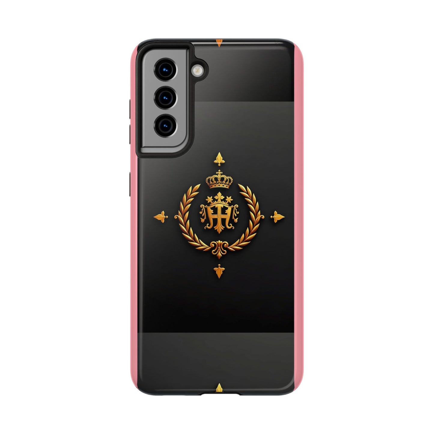 Tough Phone Case with Regal Design - Elegant Phone Protection, Gift for Him/Her, Royalty Inspired - Pink Striped Gold Crest
