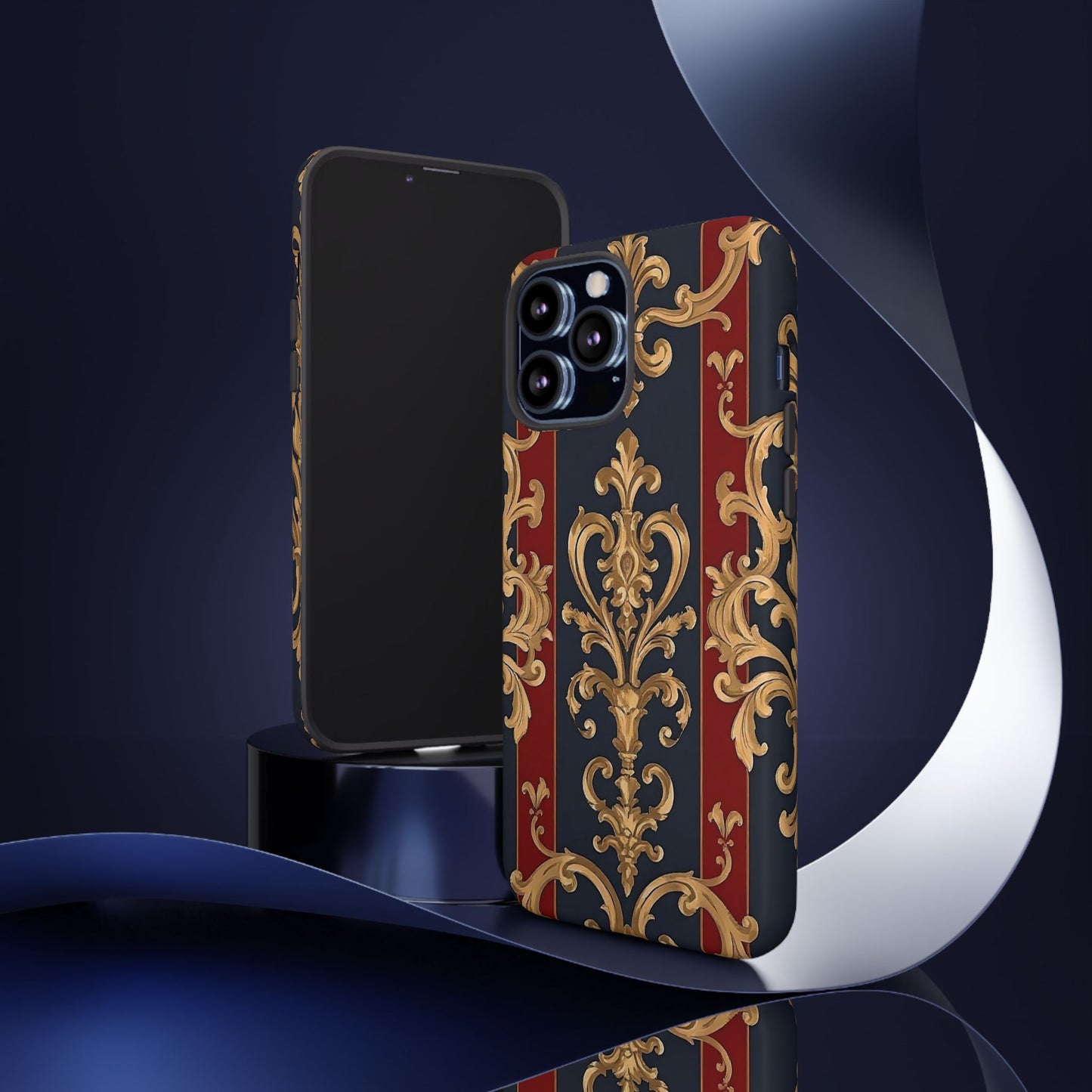 Elegant Floral Motif Phone Case - Tough Cases with Vintage Design - Midnight Blue & Dusk Red Striped Gold Damask