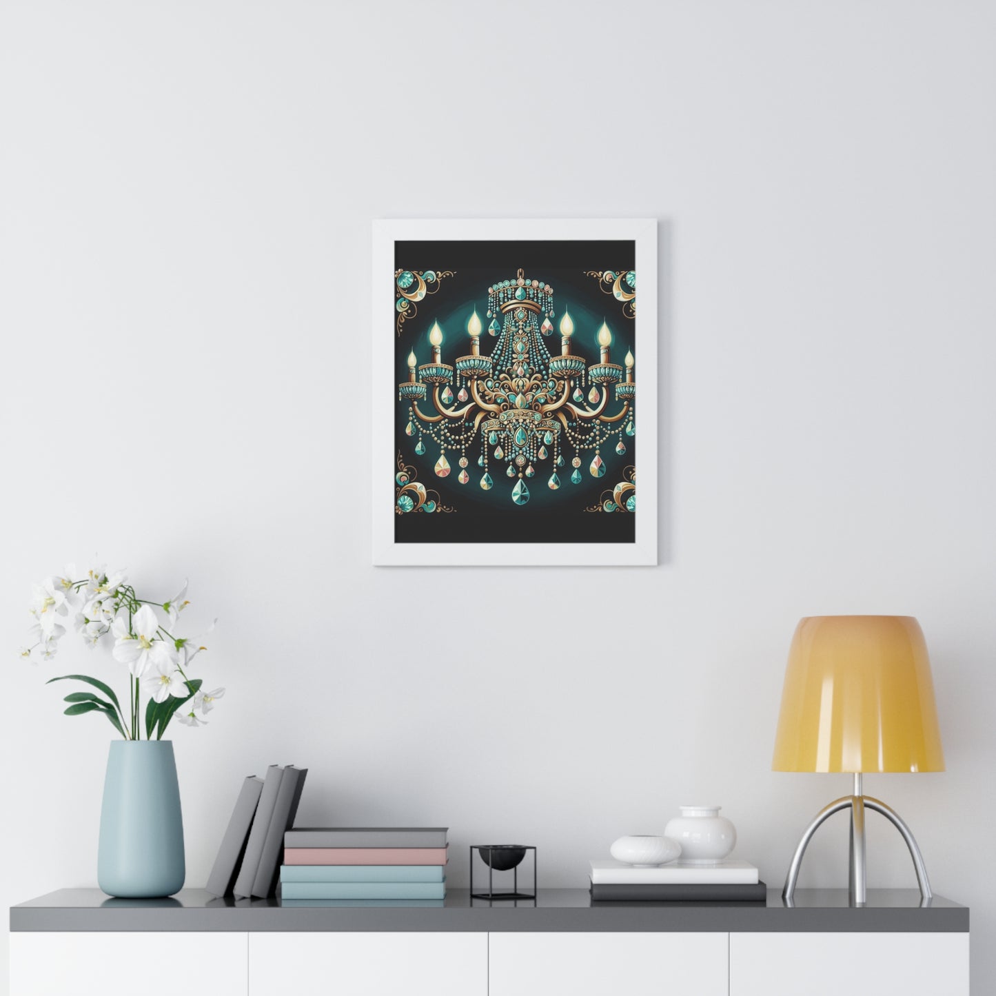 Elegant Chandelier Art Print, Framed Vertical Poster, Home Decor, Wall Art, Gift for Her, Luxury Interior Decoration - Teal Jeweled Chandelier