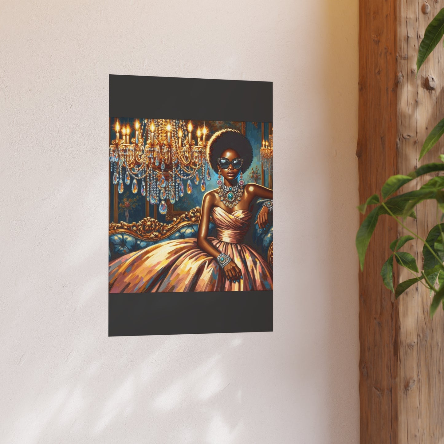 Elegant Glamour Satin Poster, Wall Art Decor, Modern Home Gallery, Gift for Art Lovers, Chic Interior Decoration - Elegant Lady & Chandelier