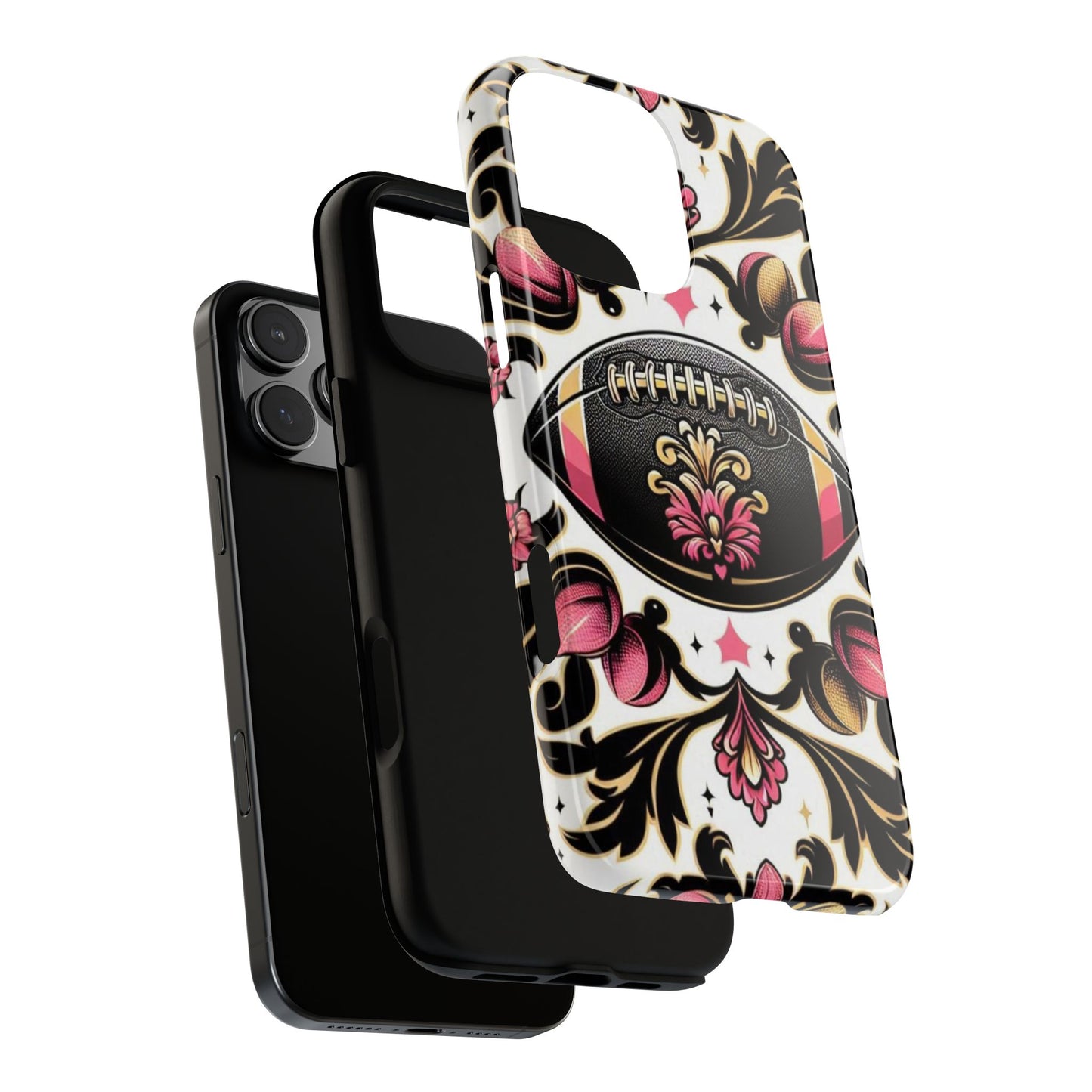 Elegant Floral Motif Phone Case - Tough Cases with Vintage Design - Damask White, Pink Gold & Black Football