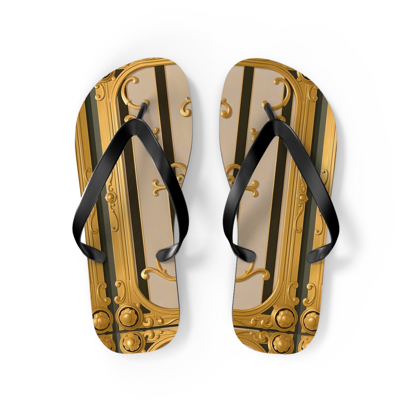 Elegant Golden Flip Flops, Summer Footwear, Beach Sandals, Vacation Essentials, Gift for Her - Beige Striped Gold Rococo