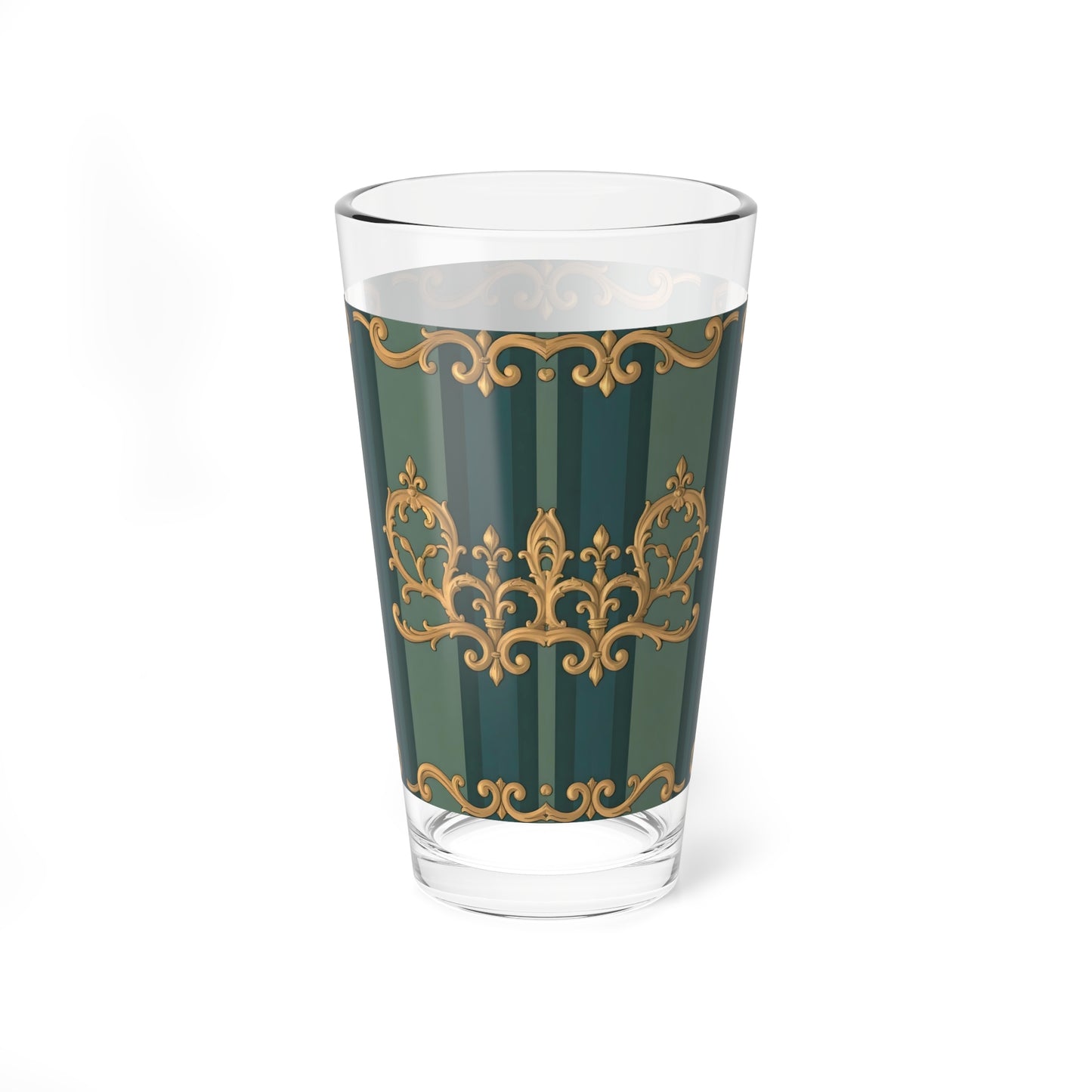 Elegant Mixing Glass, 16oz | Decorative Drinkware, Gold-Inspired Design, Barware, Gift for Home Bar - Smoky Blue & Teal Striped Baroque
