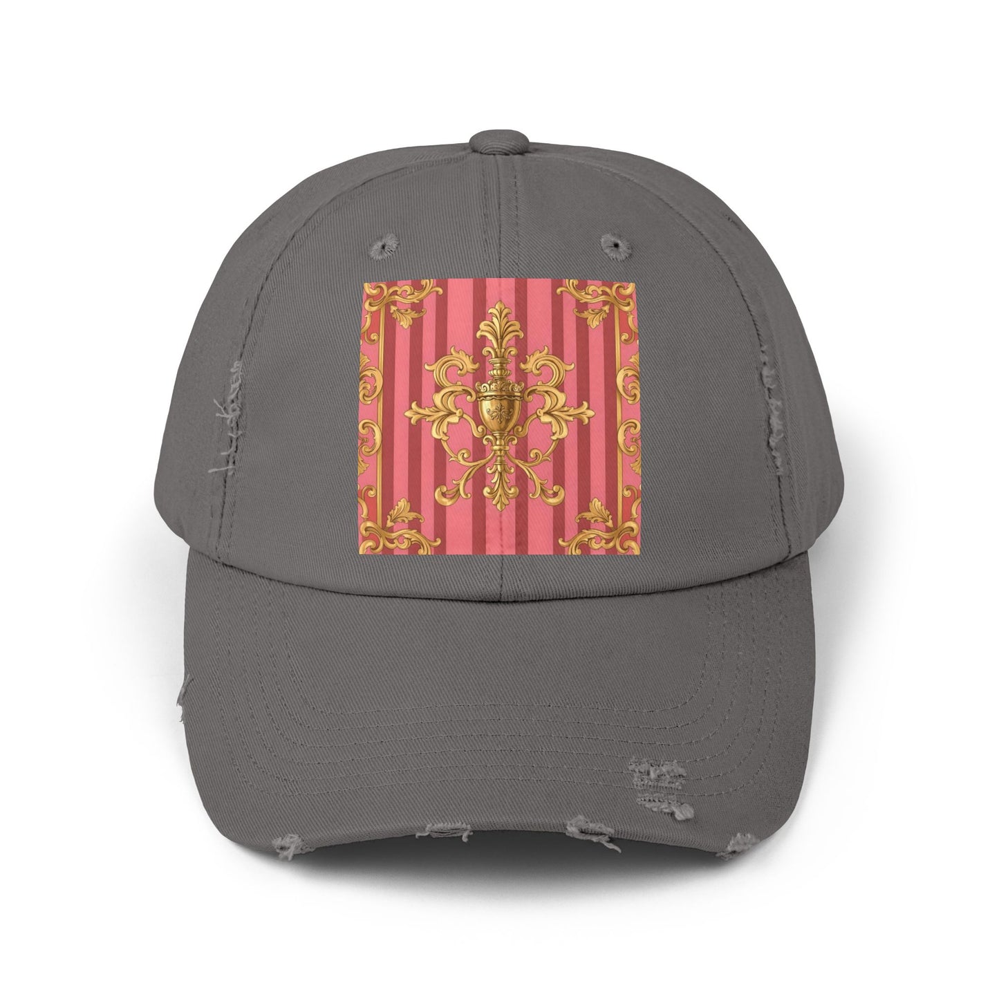 Chic Distressed Unisex Cap - Trendy Accessories for Style Lovers, Everyday Wear, Fashion Statement, Birthday Gift - Pink Striped Gold Baroque
