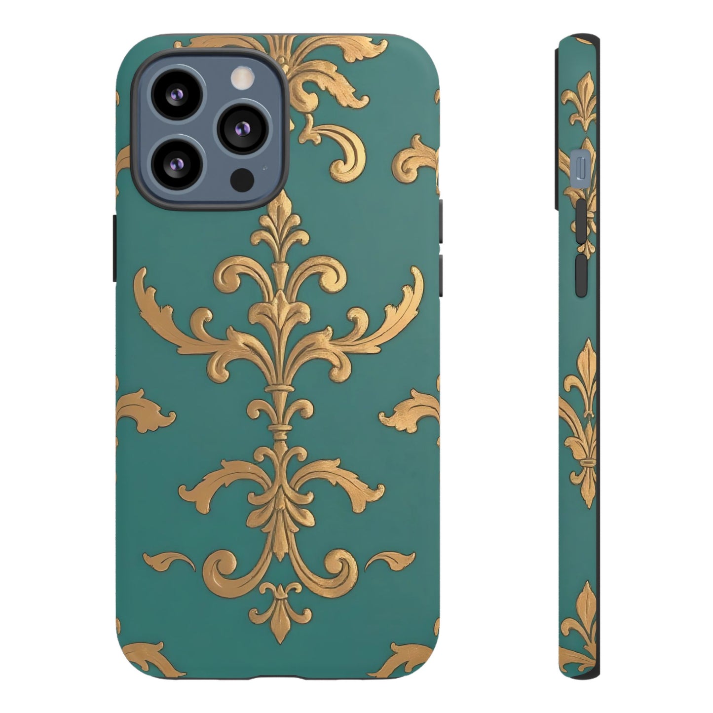 Elegant Floral Motif Phone Case - Tough Cases with Vintage Design - Aqua & Gold Damask