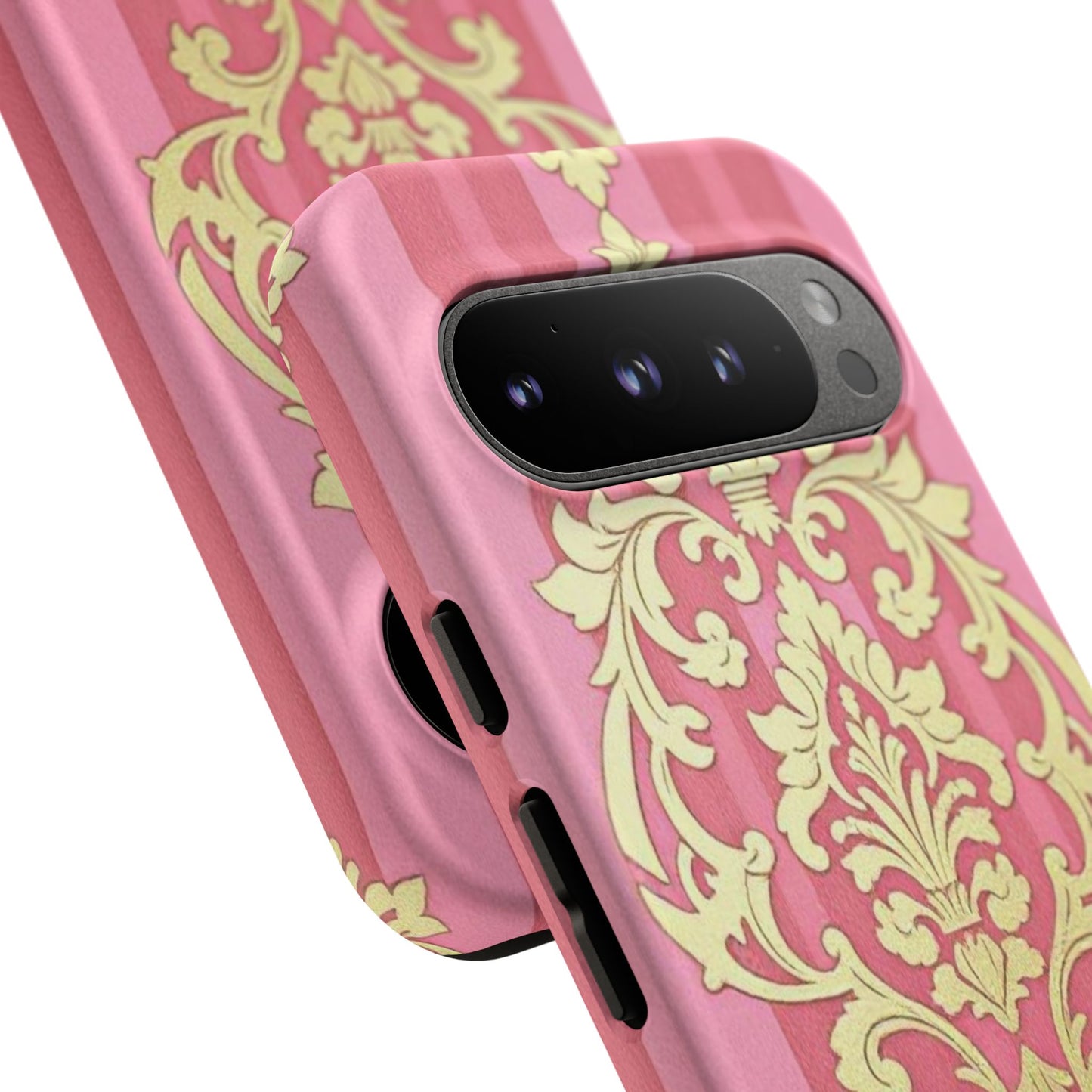 Elegant Floral Motif Phone Case - Tough Cases with Vintage Design - Pink Striped Damask