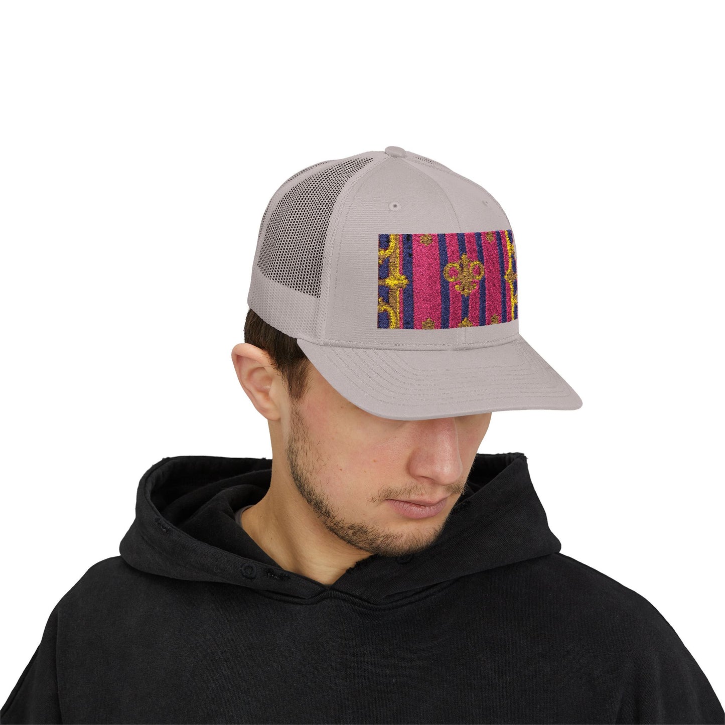 Vibrant Snapback Trucker Cap, Stylish Outdoor Hat, Trendy Fashion Accessory, Gift for Him or Her - Pink Striped Gold Baroque