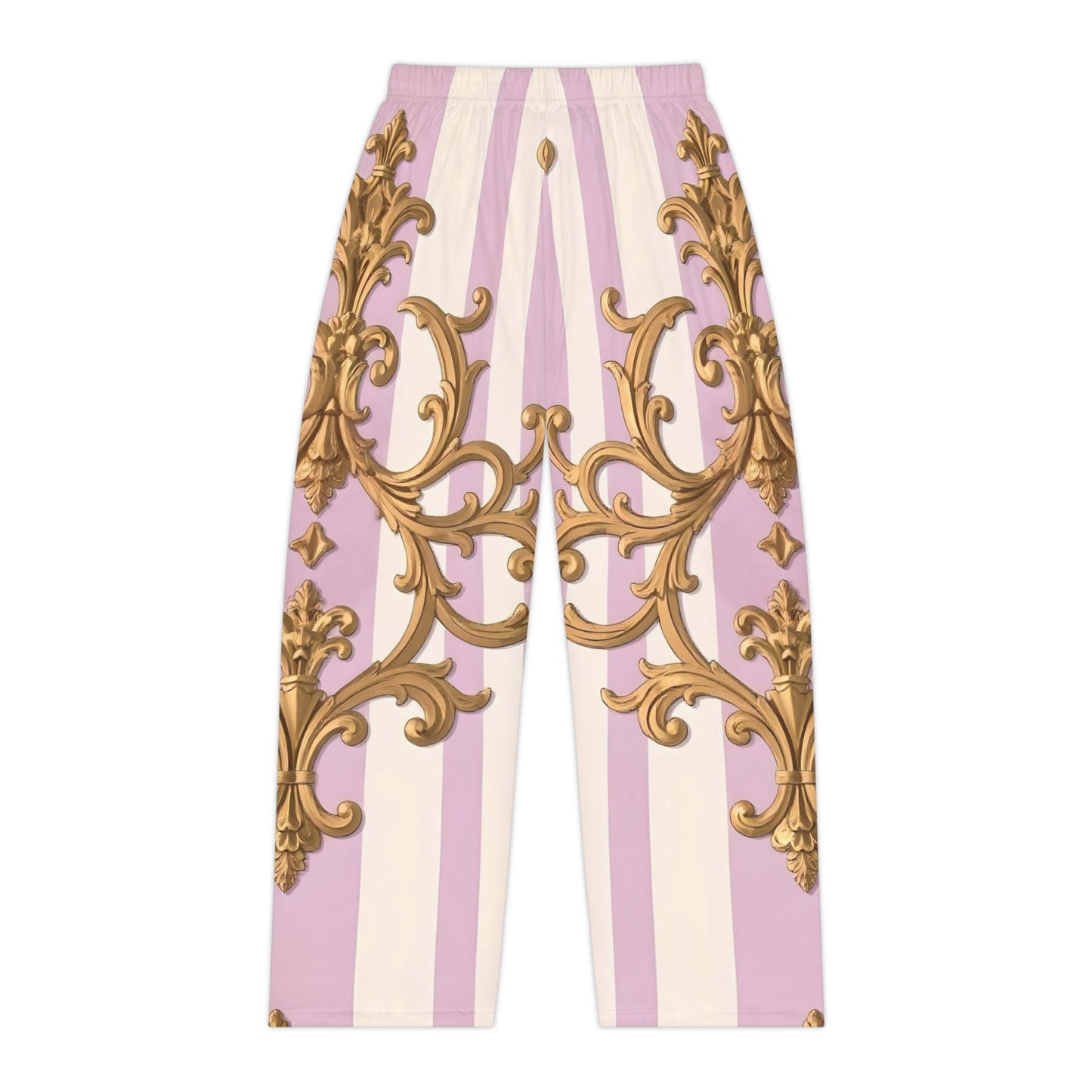 Stylish Women's Pajama Pants, Luxe Loungewear, Cute Sleepwear, Gift for Her, Trendy Homewear - Lilac & Alabaster Striped Gold Baroque
