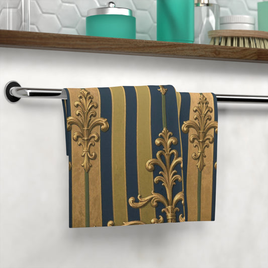 Elegant Midnight Blue & Olive Striped Gold Baroque Printed Face Towel - Vintage Style Bathroom Accessories, Luxury Spa Gift, Home Decor