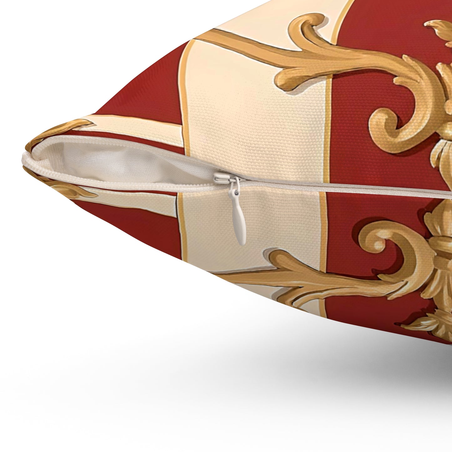 Elegant Vintage-Inspired Square Pillow with Gold Ornate Design - Alabaster & Dusk Orange Striped Baroque