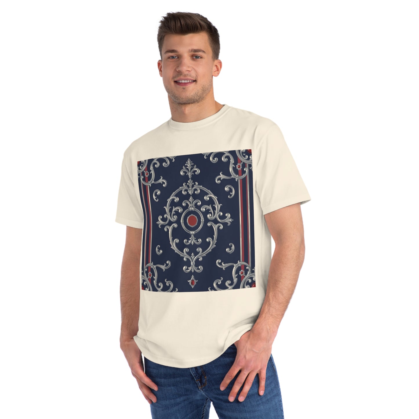 Vintage Pattern Organic Unisex T-Shirt | Baroque Style Tee, Casual Wear, Unique Gift, Eco-Friendly Fashion - Blue & Red Striped Silver Baroque