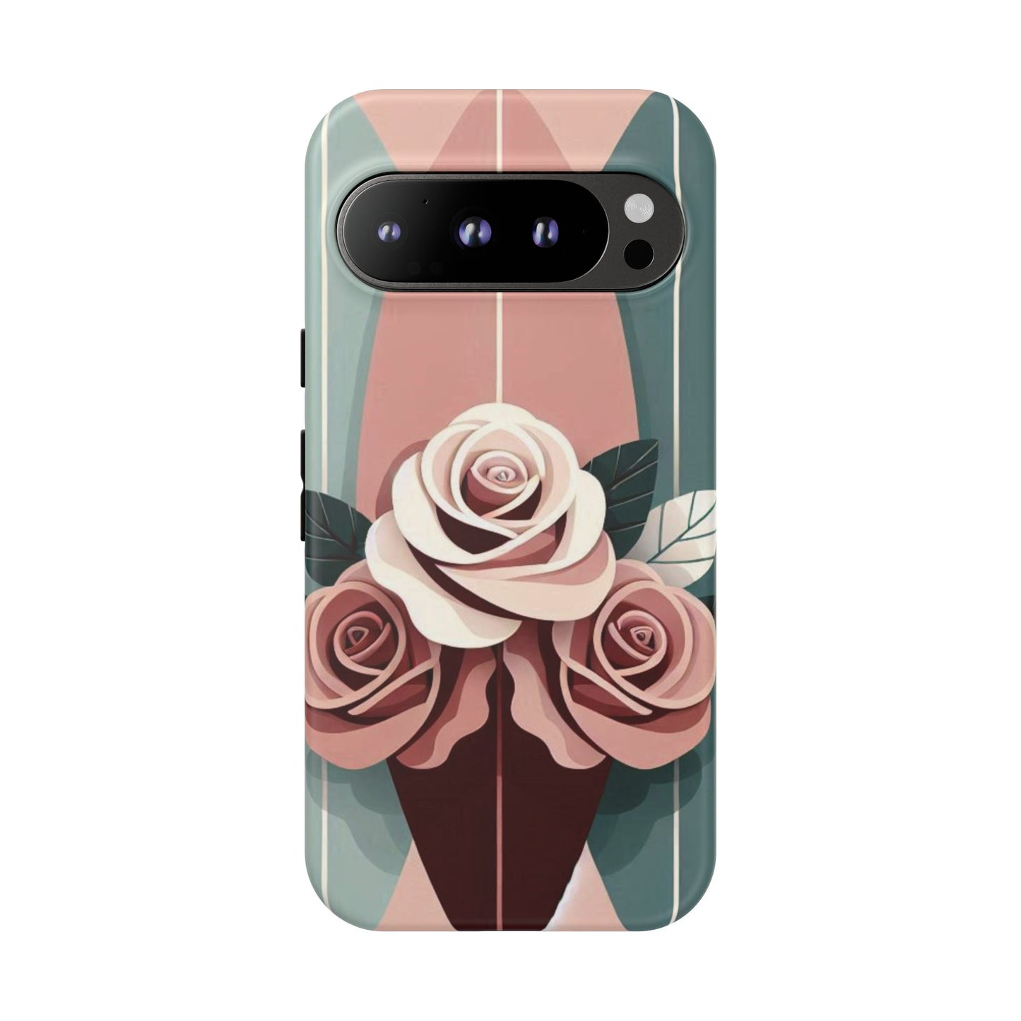 Phone Case - Burgundy, Matte Mauve & Teal Surfboard & Roses Design