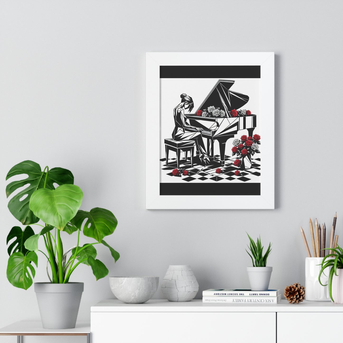 Vertical Poster - Black & White Grand Piano & Red Roses Wall Art
