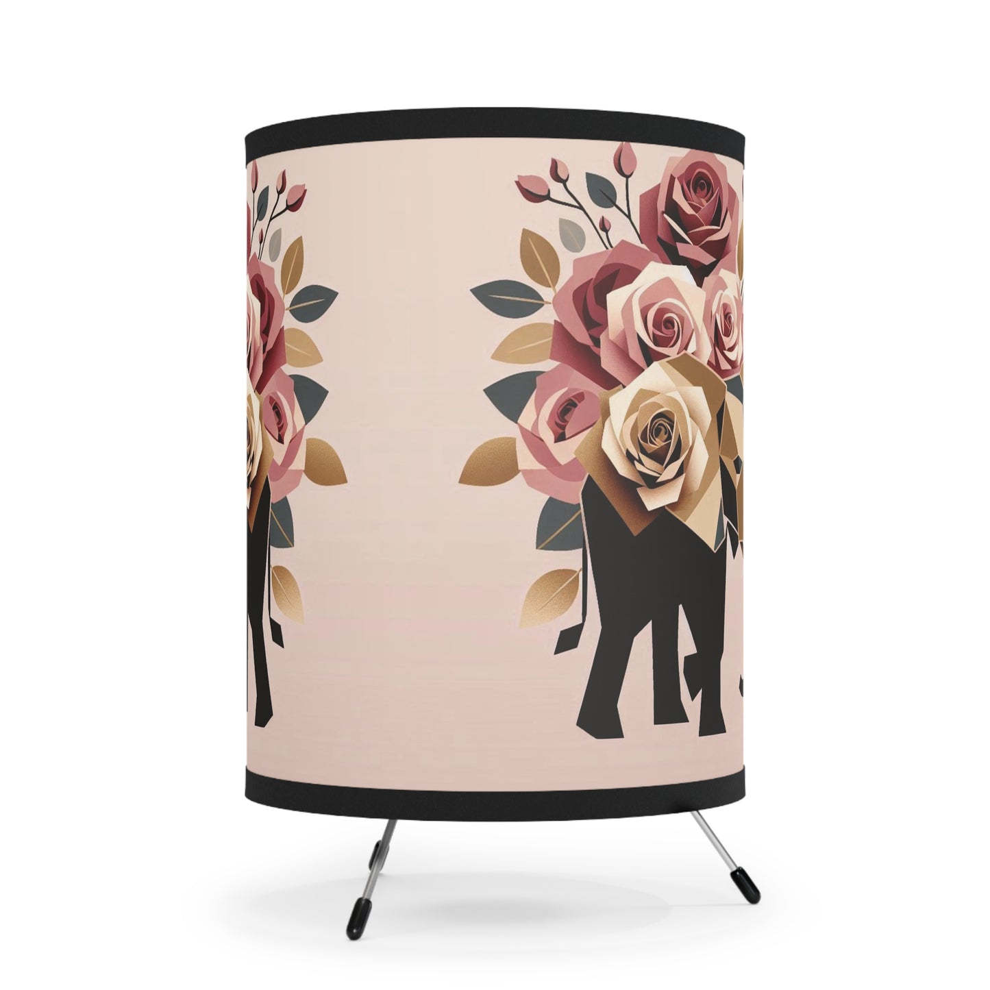 Boho Elephant Tripod Lamp with Floral Design - High-Res Printed Shade -  Black & Gold Elephant & Roses Design