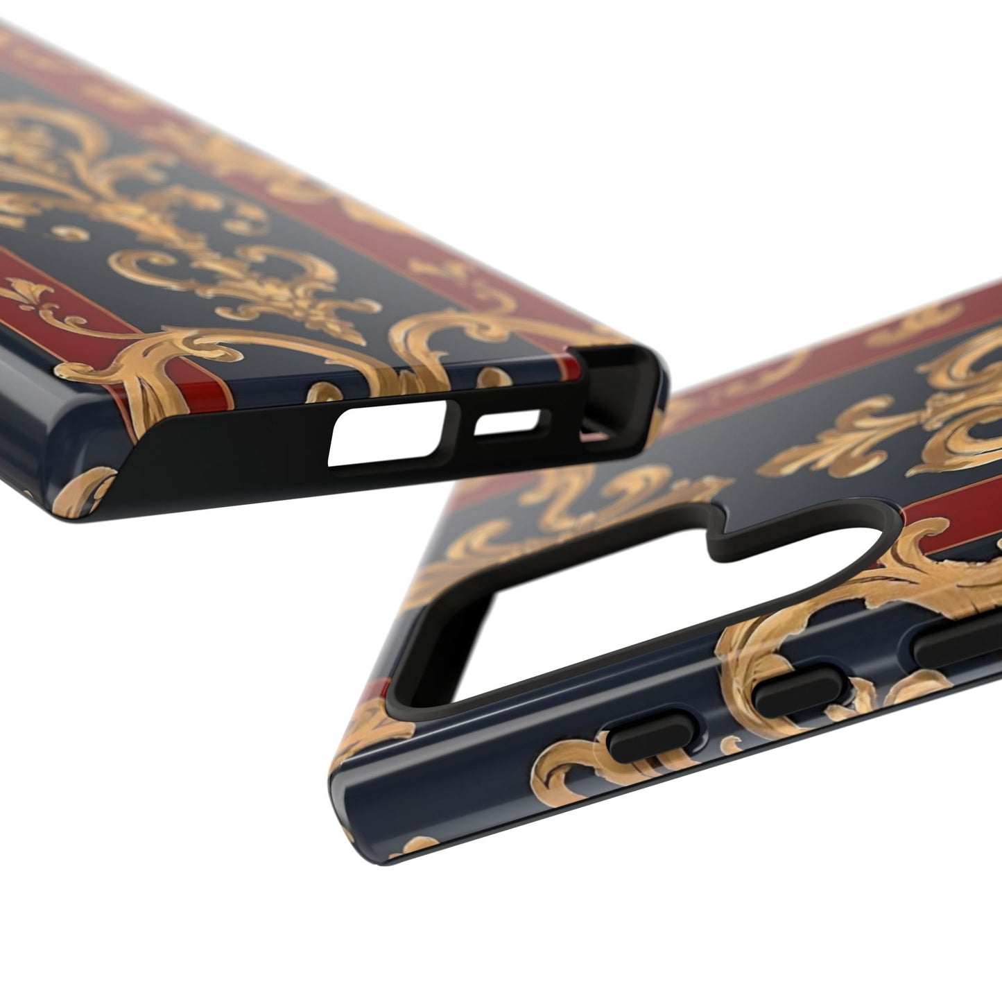 Elegant Floral Motif Phone Case - Tough Cases with Vintage Design - Midnight Blue & Dusk Red Striped Gold Damask