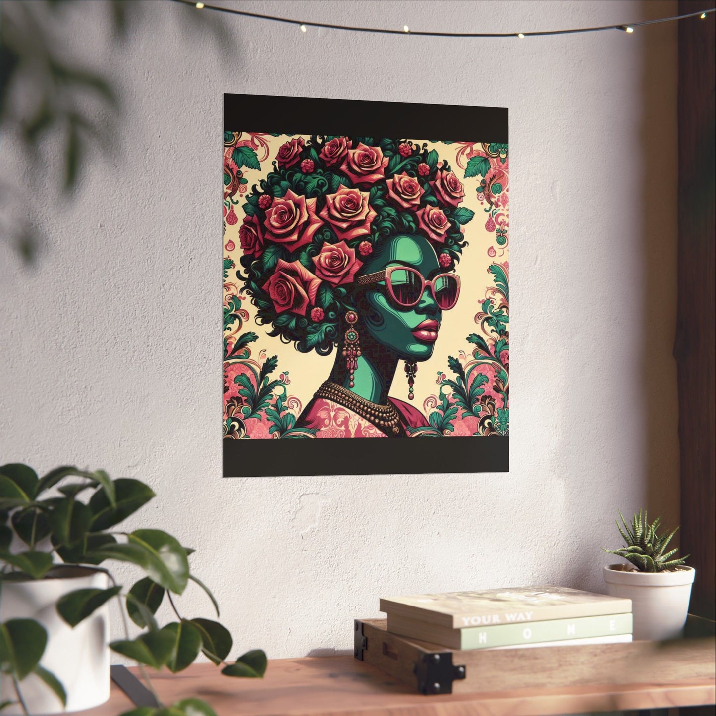 Floral Afro Art Poster - Elegant Matte Vertical Wall Decor - Teal Lady With Damask & Roses