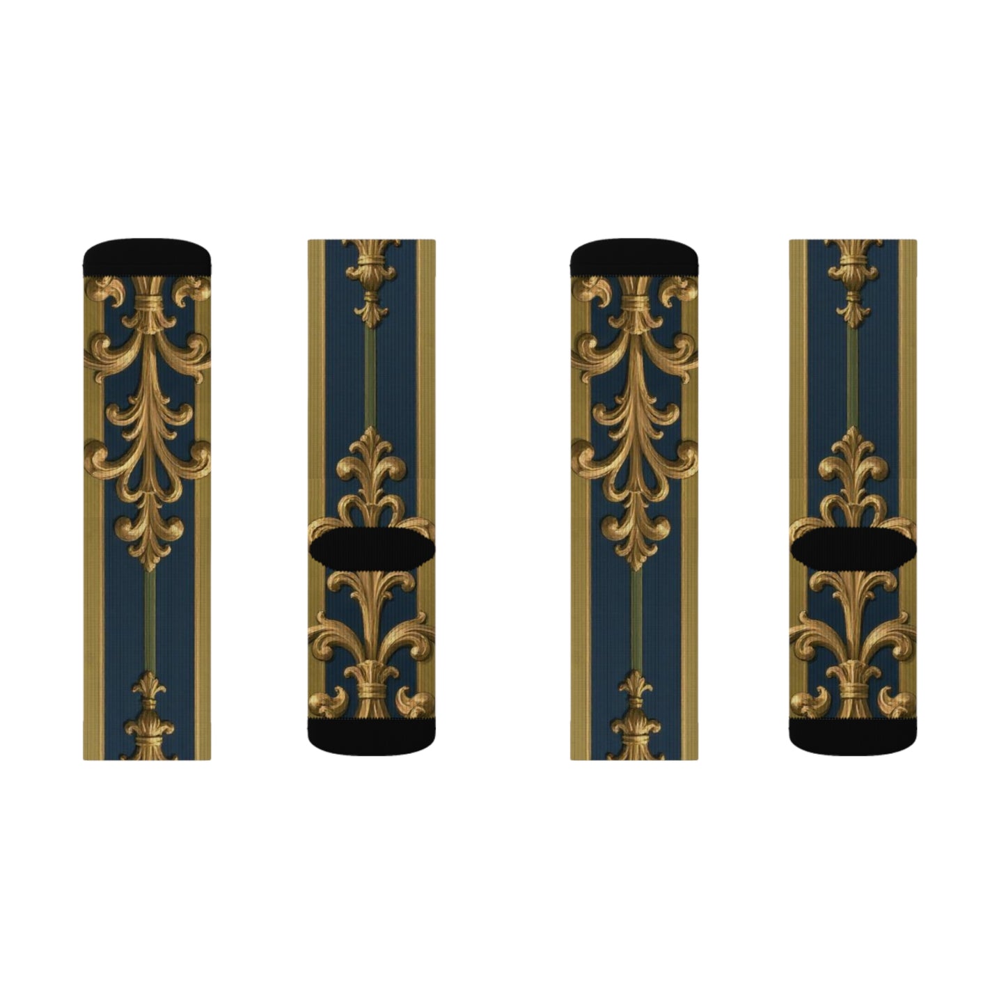 Elegant Midnight Blue & Olive Striped Gold Baroque Sublimation Socks, Stylish Patterned Socks, Trendy Gift Socks, Fashion Accessories
