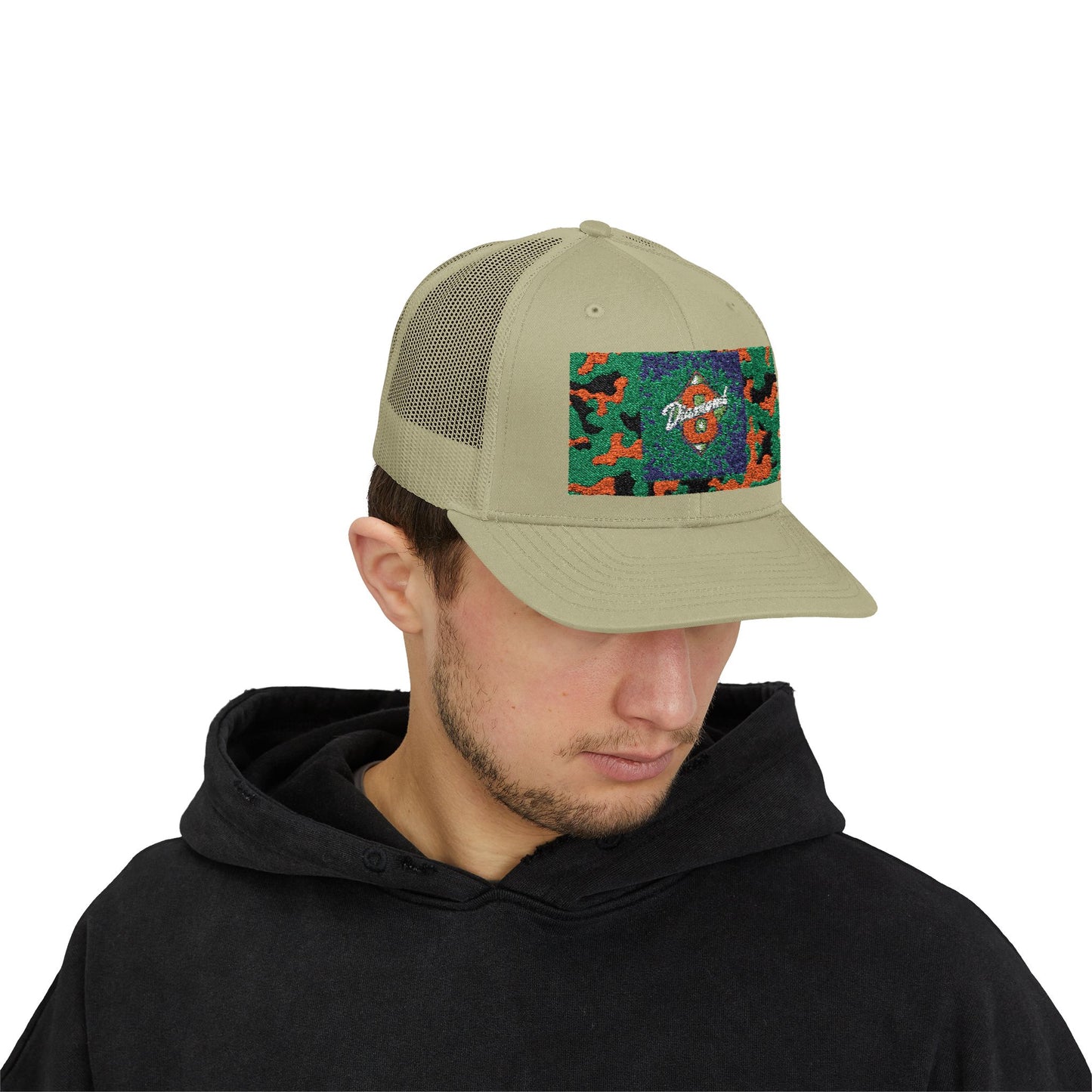 Colorful Camouflage Snapback Trucker Cap, Casual Hat, Outdoor Gear, Unisex Headwear, Gift for Him/Her - Green & Orange Camo Diamond 8