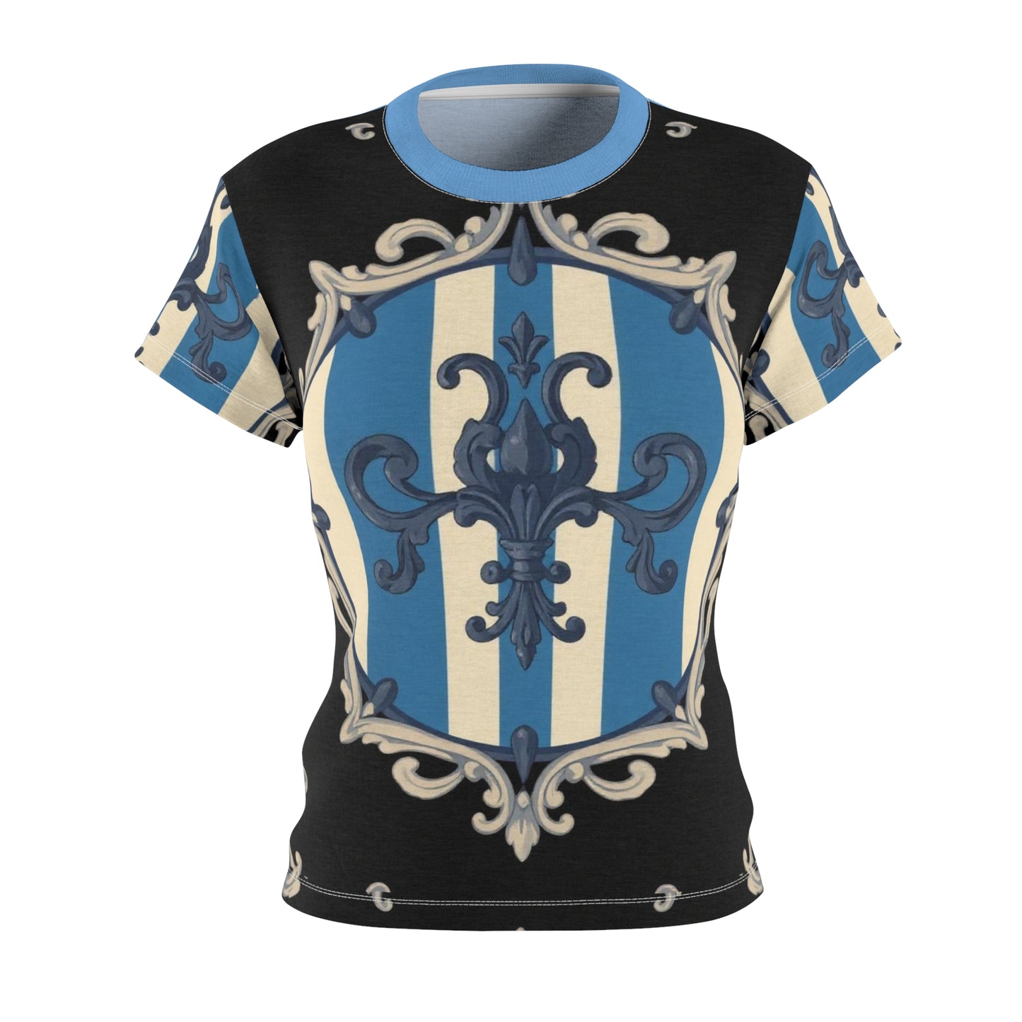 Chic Blue & Alabaster Striped Baroque Women's Cut & Sew T-Shirt, Unique Graphic Tee, Elegant Casual Top, Stylish Everyday Wear