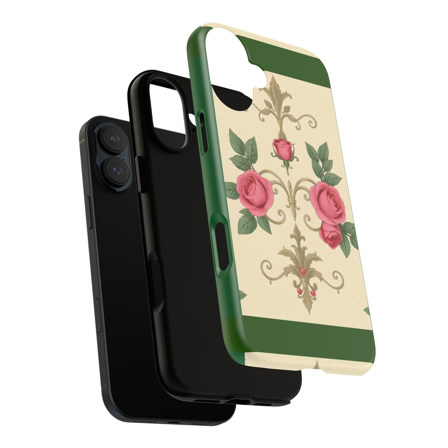 Elegant Floral Motif Phone Case - Tough Cases with Vintage Design - Green Border Roses & Damask