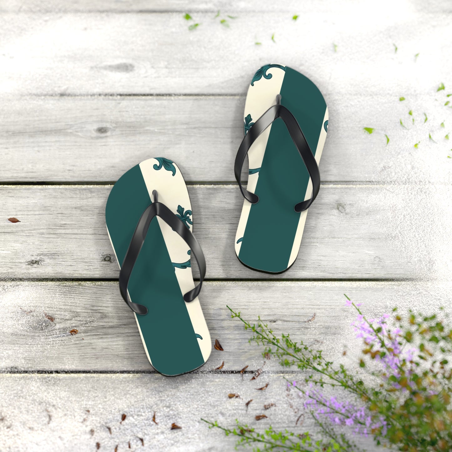 Stylish Summer Flip Flops, Trendy Beach Footwear, Casual Summer Sandals, Vacation Accessories, Eco-Friendly Summer Shoes - Teal Striped Rococo
