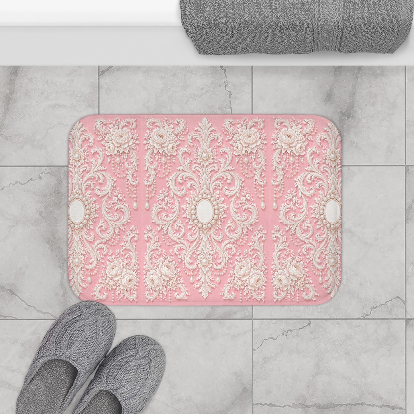 Pink Rococo Vintage Bath Mat — Elegant Floral Bathroom Rug